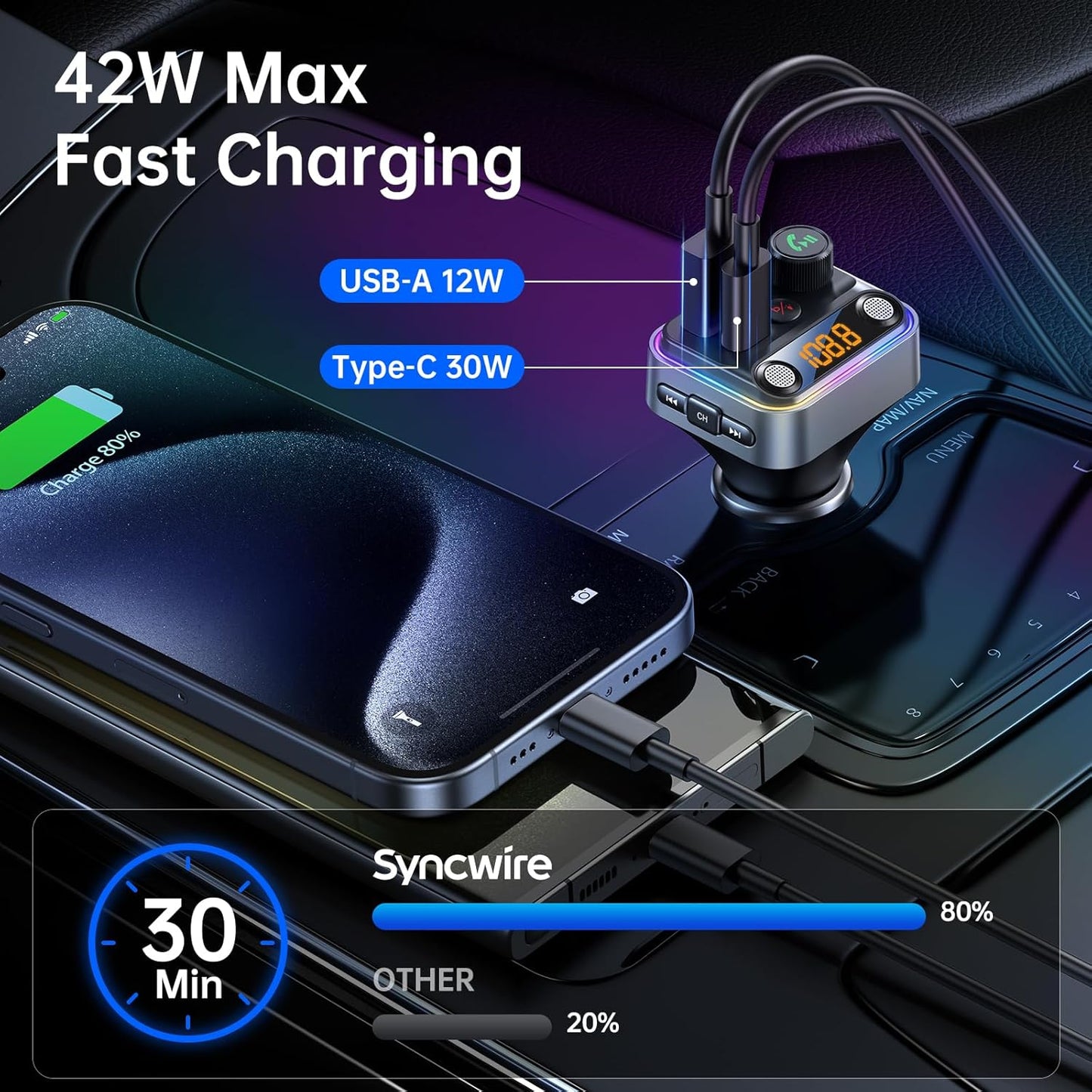 Syncwire Bluetooth 5.4 FM Transmitter Car Adapter 42W [Light Switch] [Stronger Dual-mic] [HiFi Bass Sound] [Fast Charging] Wireless FM Radio Music Adapter Hands-Free Calling Support USB Drive, Silver