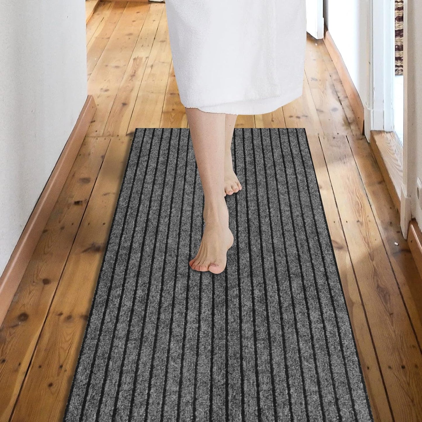 Custom Size Backed Non-Slip Area Rugs Runner, Easy Clean, Waterproof Runner Rugs for Hallway Entryway, Kitchen, Laundry, 2FT x 43FT, Gray Stripe
