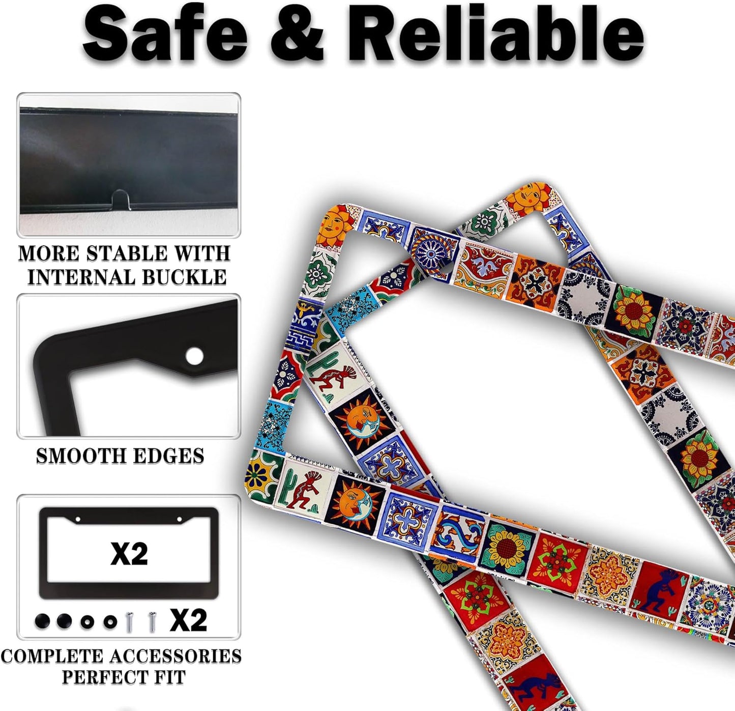 License Plate Protector for Women Multicolor License Plate Frames for Men Mexican Tiles Universal Aluminum Car Accessory 2 Pack with Screw Covers Set