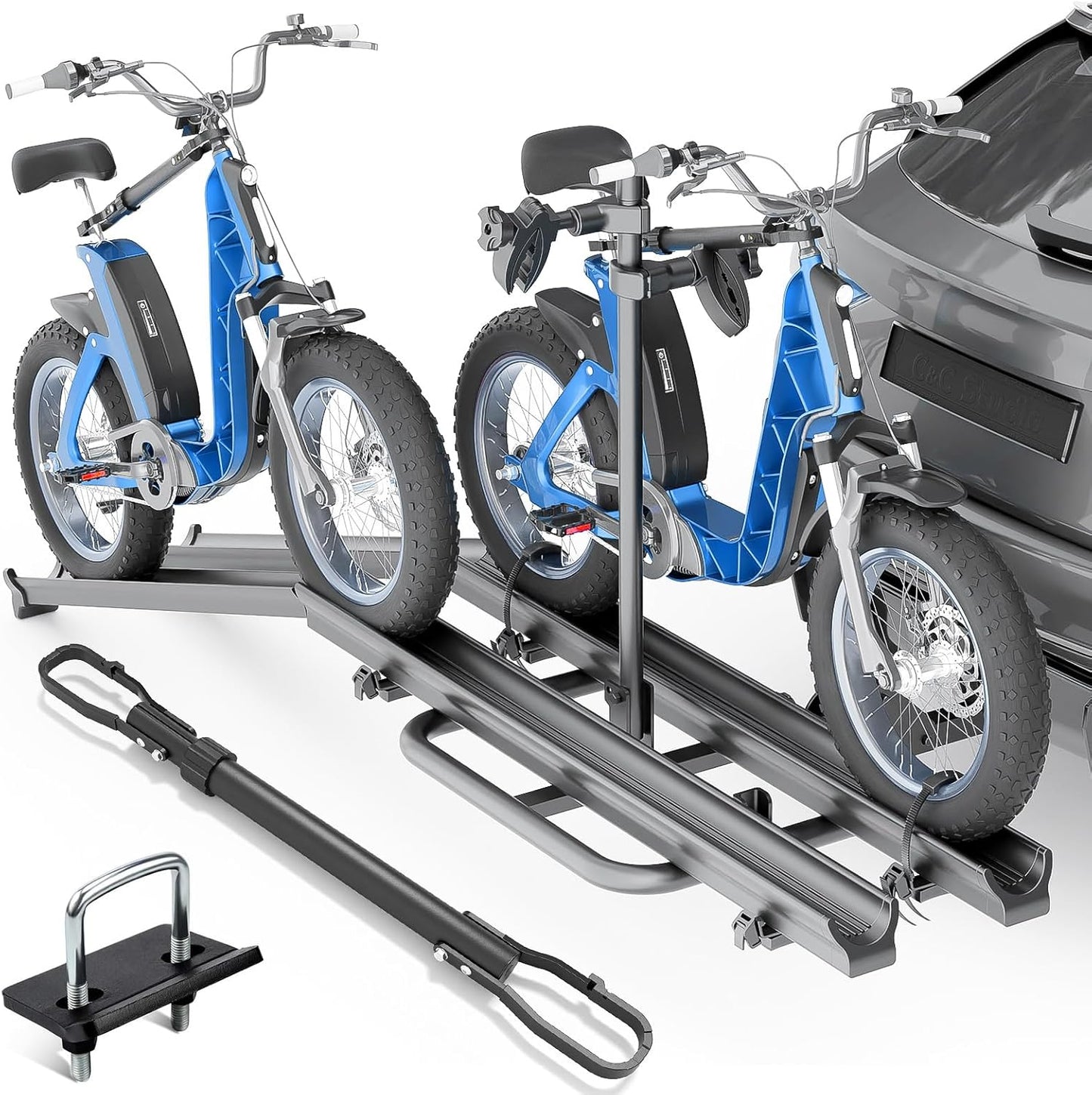 200 LBS Capacity 2 EBike Rack with Cross Bar, 5" Fat Tire Carrier with Ramp, Lockable & Foldable Electric Bicycle Racks, Bike Racks Platform Fits 2" Standard Hitch for SUVs Cars Trucks Vans