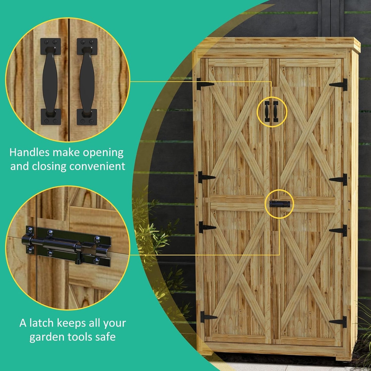 Wooden Garden Shed, Outdoor Storage Cabinet with Waterproof Galvanized Metal Roof, Narrow Tool Shed with 3 Shelves and Lockable Door, Natural