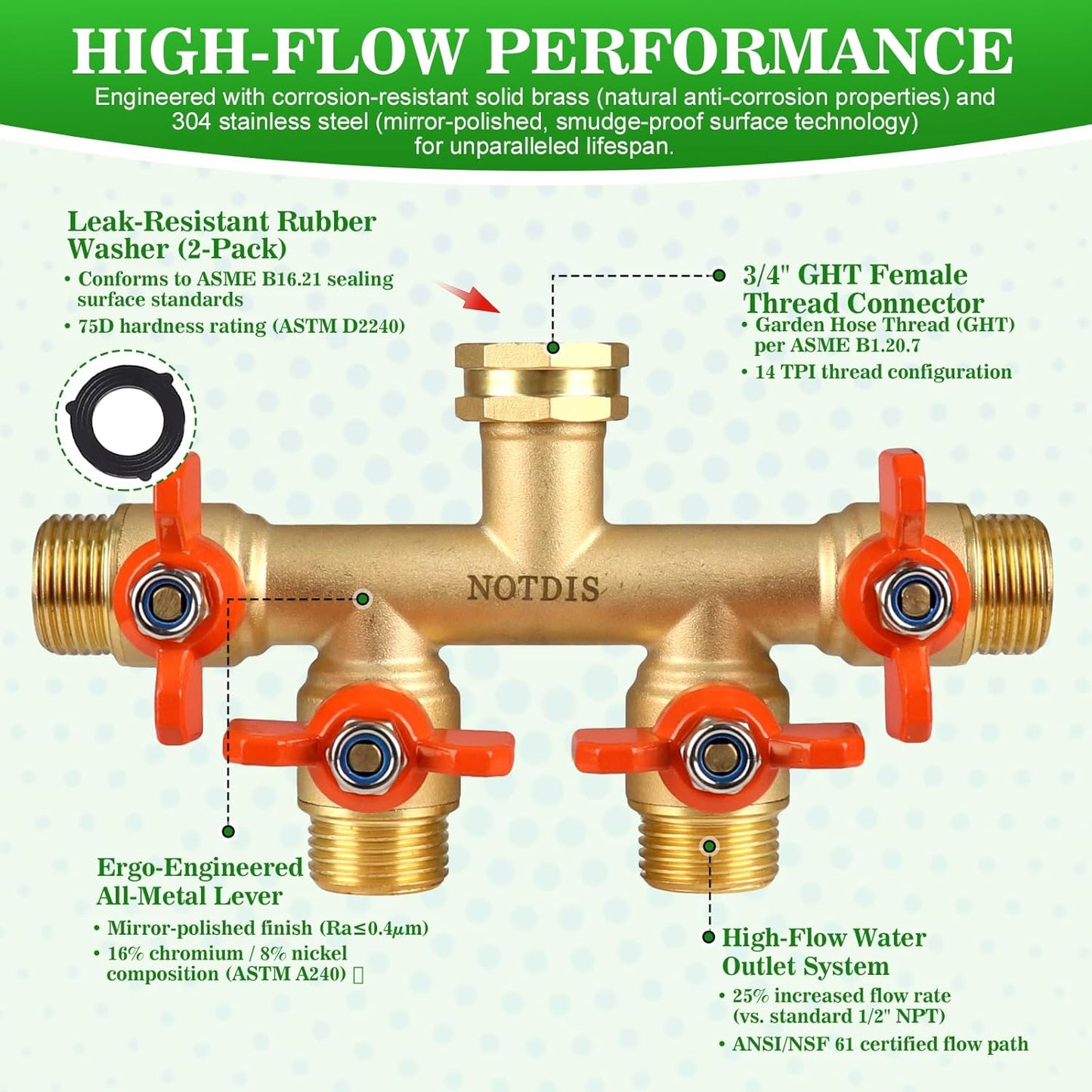 4 Way Brass Hose Splitter Full Flow with Metal Handle - Heavy Duty Spigot Splitter with Shut Off Valve, 3/4"" GHT Garden Tap Connector