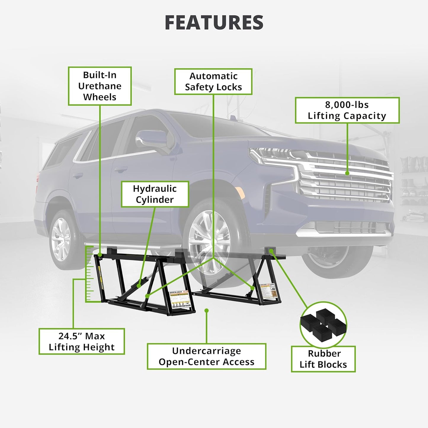 QuickJack Bundle - 8000TL Portable Car Lift, Wall Hangers & SUV Adapters, ALI Certified, 8,000-lbs. Capacity, 110V Power Unit, Car Lift for Garage, Shop, & Mechanic