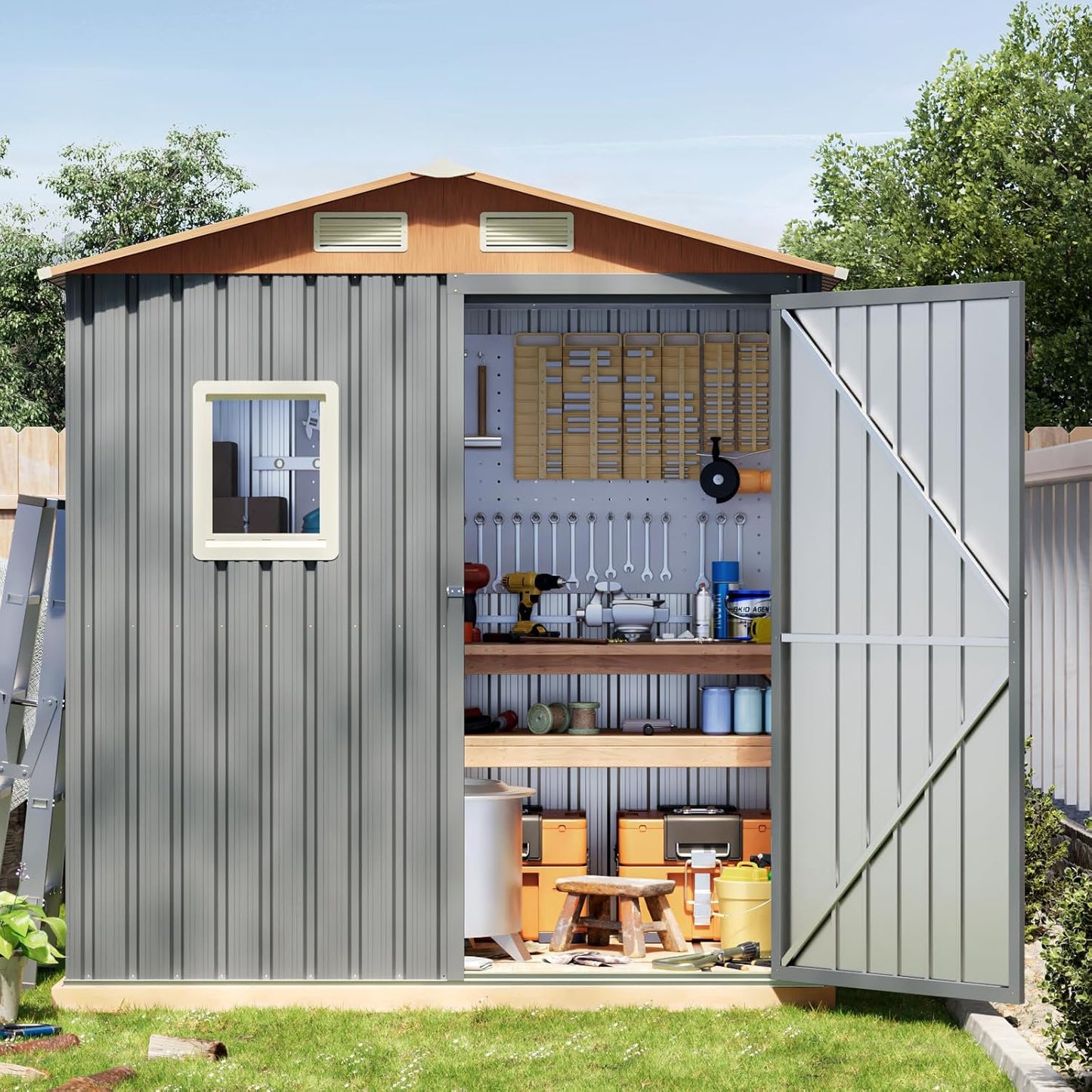 6x4FT Multi-used Shed & Outdoor Storage Shed, Steel Tool Shed with Lockable Doors,Window,Vent,Compact Metal Tool Garden Shed for Garden, Backyard, Patio, Lawn and Various Storage(Matte Gray)