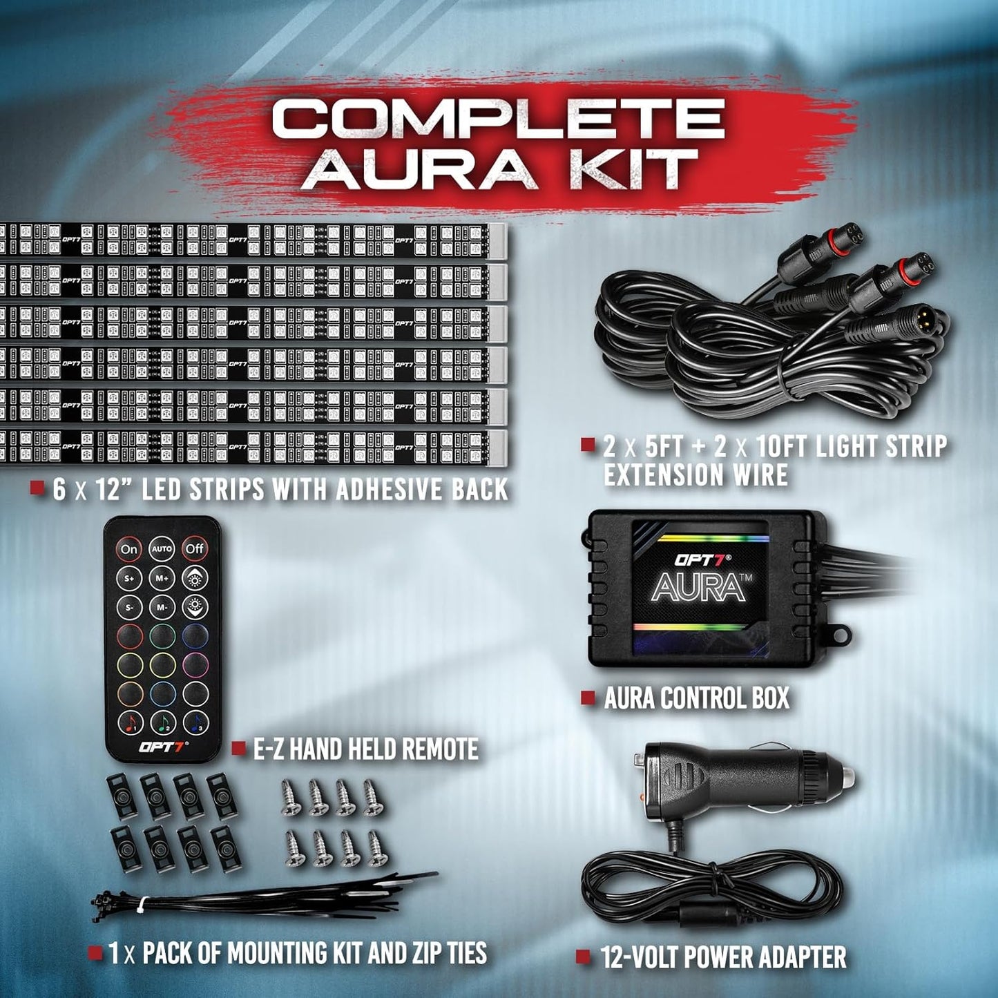 OPT7 Aura Double Row Car LED Lights Interior 6pc with Wireless Remote Control, Multicolor Mode, Sound Active Function Inside Ambient Lighting Kit, Footwell Floor Decor, Charger Adapter 12V