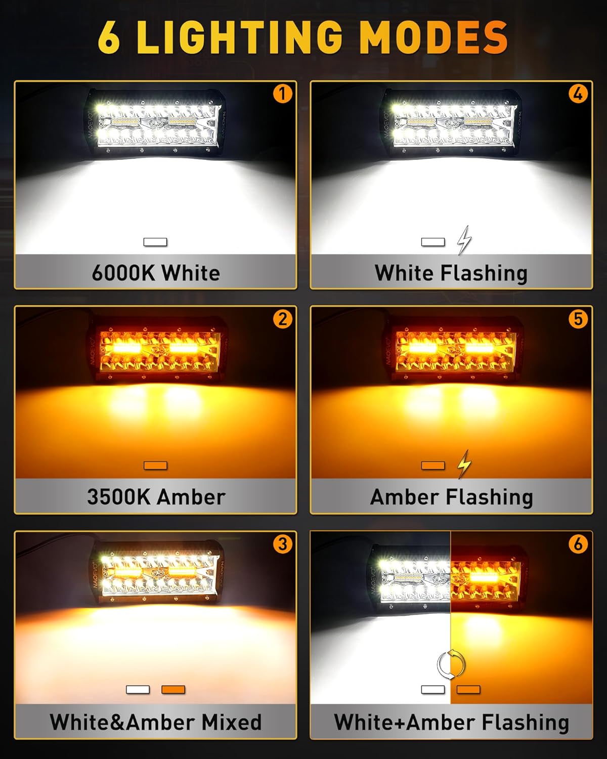 NAOEVO 7 Inch LED Light Bar, White Amber Offroad Fog/Driving Lights LED Pods with Strobe/Memory Function, 2 Leads Wiring Harness Included, Work for Truck Boat ATV UTV, 2-Pack (6 Modes)