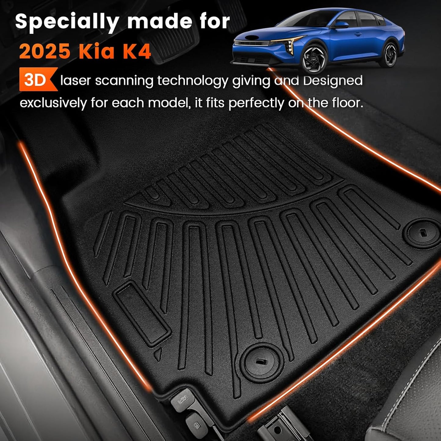 KMF Custom Fit Floor Mats for KIA K4 2025 Accessories, K4 Car Mat All Weather TPE Waterproof Car Floor Liners - Front & Rear 2 Row, LX, LXS, EX, and GT-line Turbo Anti-Slip Deep Grooves Car Mats