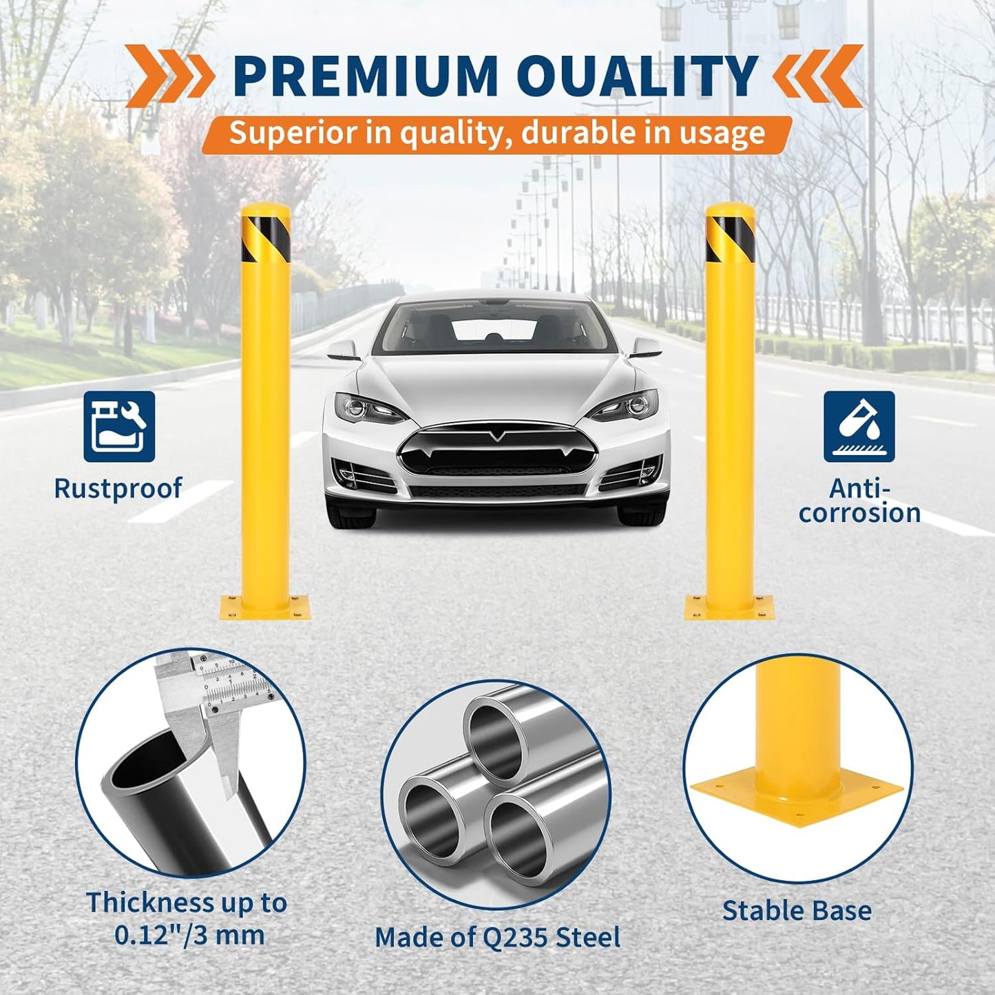 4.5x42 Inch Safety Bollard Post - Yellow Steel Bollard with Anchor Bolts (6-Pack) for Parking Lots, Walkways & Traffic Areas