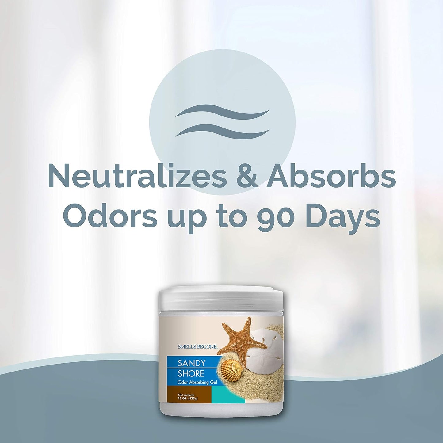 SMELLS BEGONE Air Freshener Odor Absorber Gel - 15 oz, Pack of 2 - Absorbs and Eliminates Odor in Pet Areas, Bathrooms, Cars, & Boats - Made with Essential Oils - Sandy Shore Scent