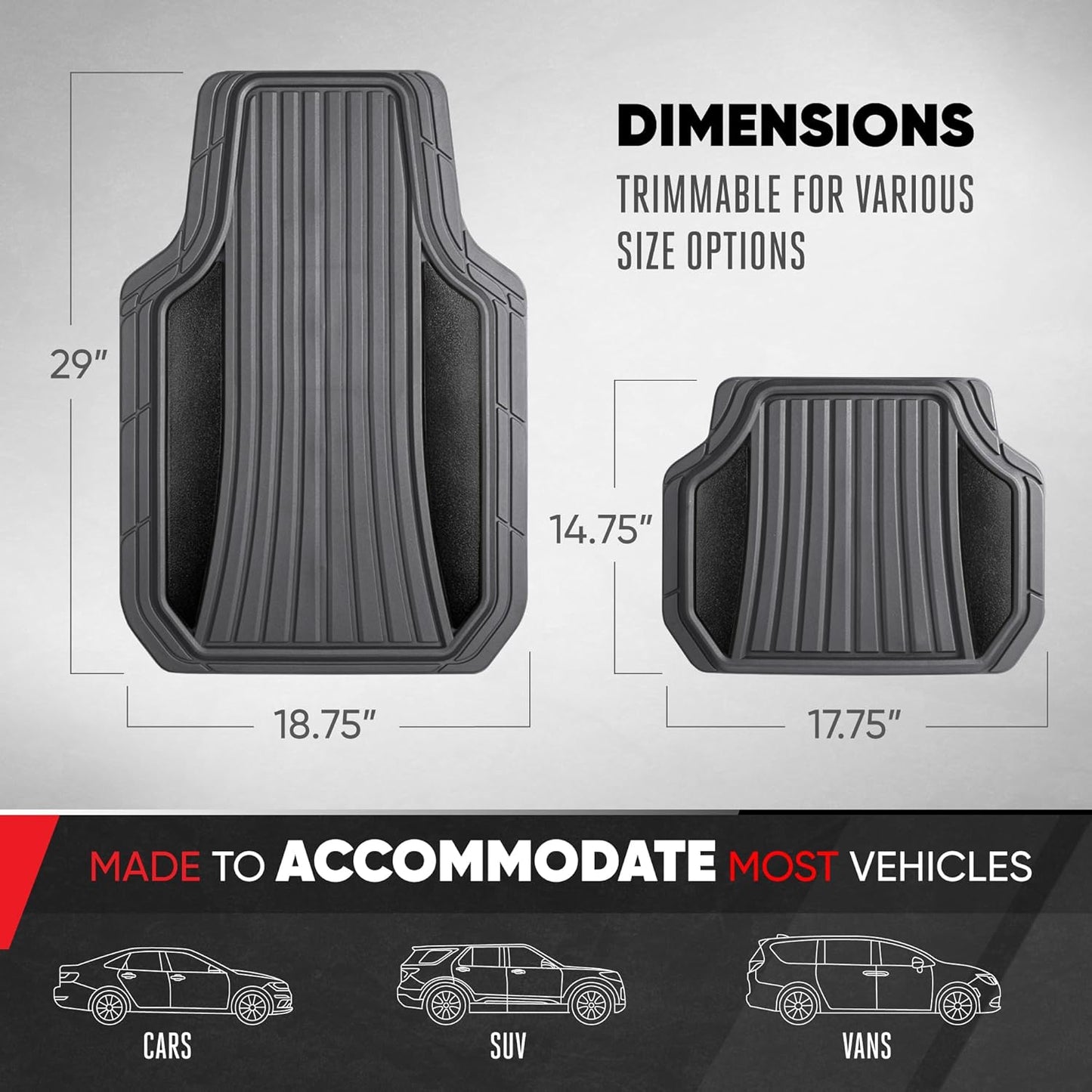 Motor Trend ChromeTech Car Floor Mats Full Set - Durable Rubber Floor Mats for Cars with Two Tone Accent, All Weather Interior Protection for Front and Rear with Non-Slip Backing, Gray/Black