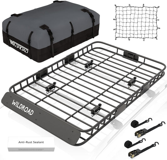 WILDROAD Car Roof Cargo Basket Combo of Upgraded 64"x 39"x 4" Roof Rack Cargo Basket with 21 Cubic ft Waterproof Cargo Bag, Cargo Net, Ratchet Straps and Anti-Rust Sealant