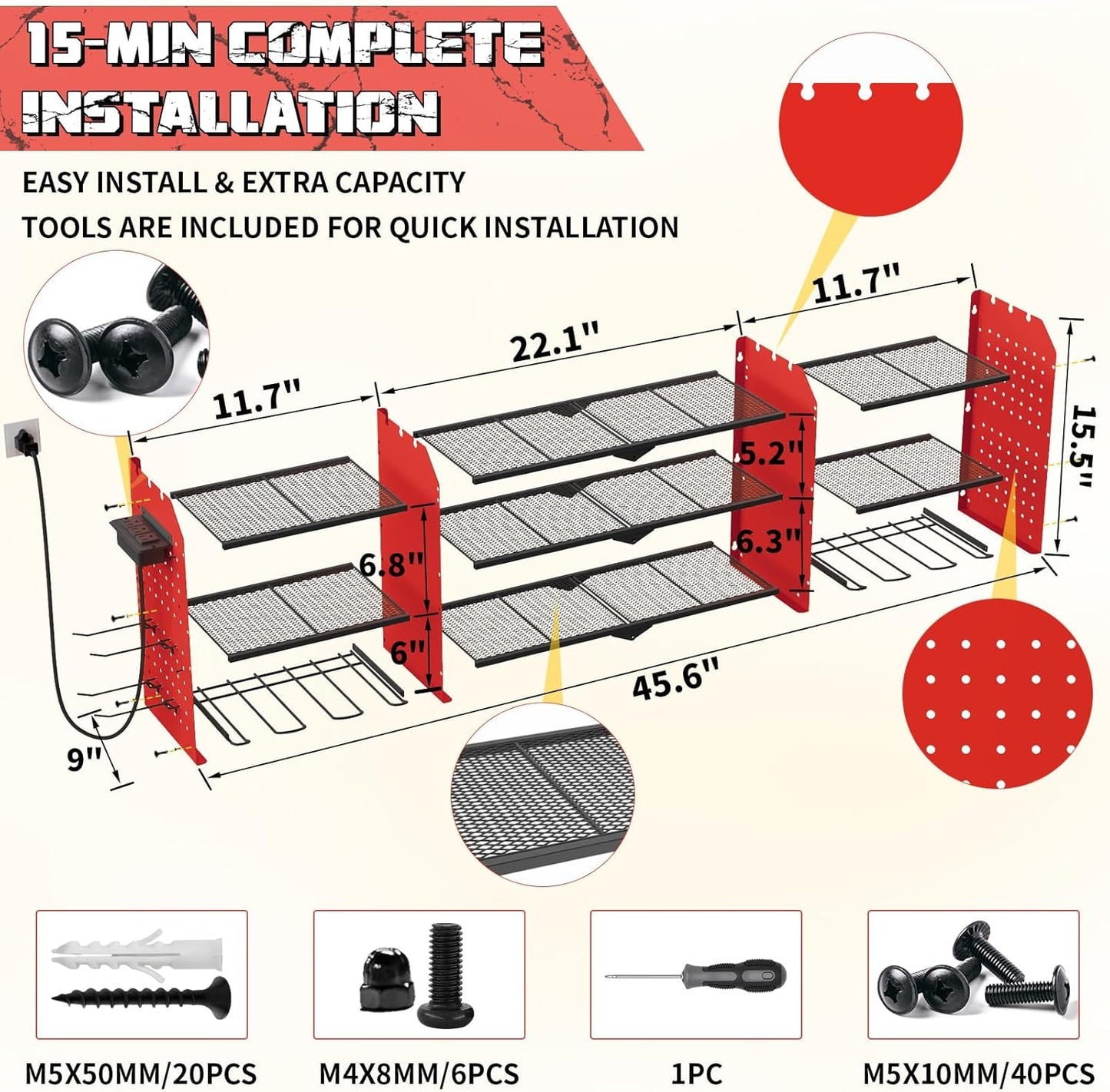 45" Large Power Tool Organizer Wall Mount with Charging Station - 3 Layer Storage Racks with 8 Cordless Drill Holder, 4 Hooks, Heavy Duty Garage Tool Organizer Storage for Workshop Pegboard Basement