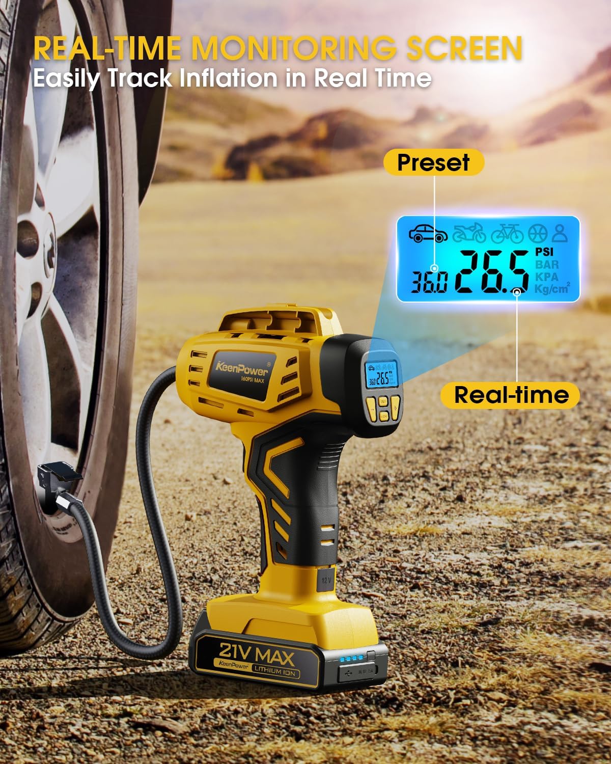 Tire Inflator Portable Air Compressor - 2X Faster - 21V Rechargeable Battery Powered Handheld 160PSI Tire Inflator, Dual Power Supply Modes, Air Pump for Car Motorcycle E-Bike