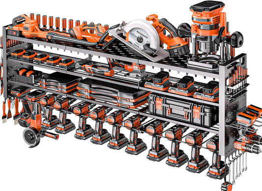 49.8" W Large Power Tool Organizer Wall Mount, Heavy Duty Tool Organizer with 14 cordless Drill Holder, 4 Layers Garage Organization and Storage Rack, Tool Rack for Garage Workshop, Black