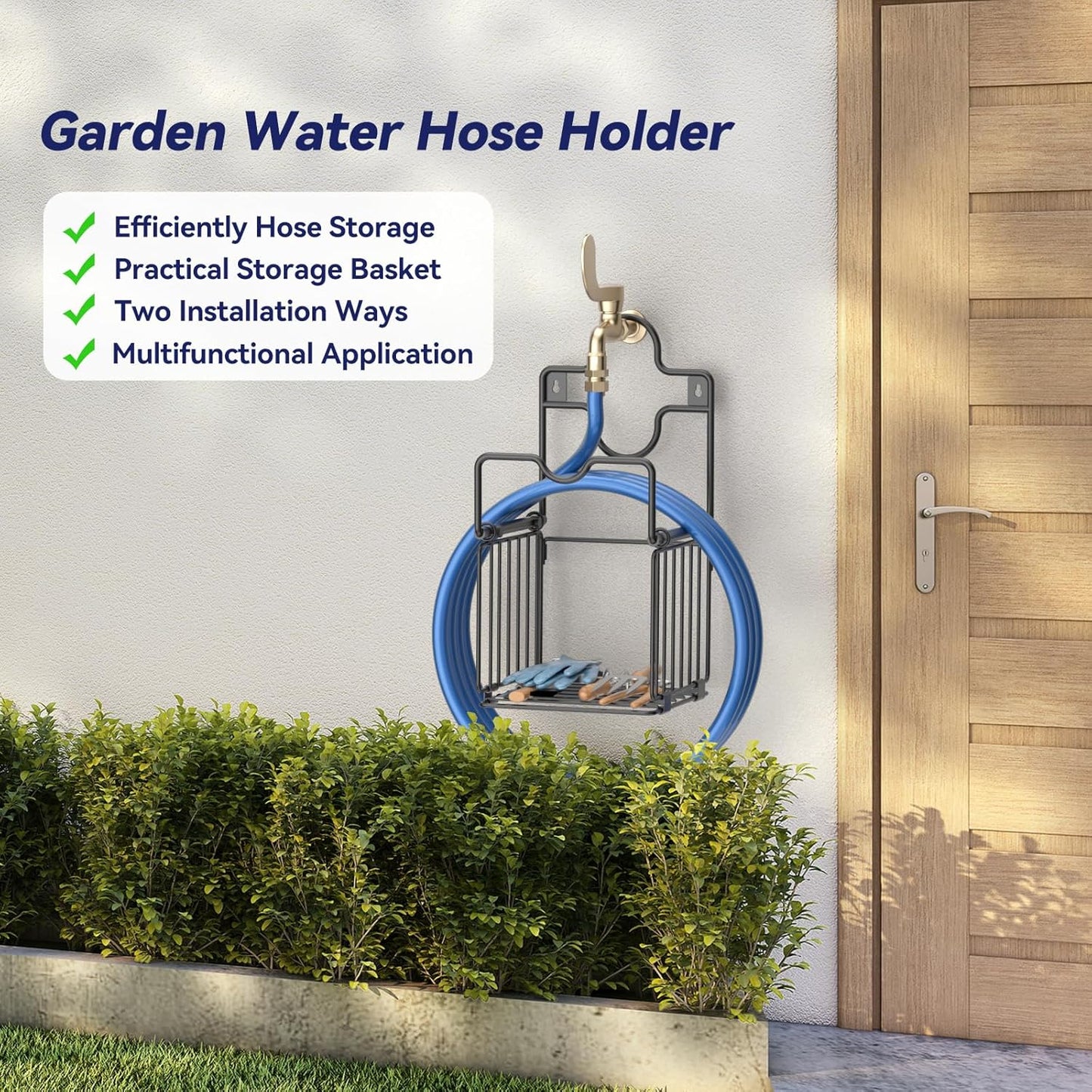 Garden Hose Holders for Outside Metal Water Hose Holder Wall Mount Hose Hanger with Storage Basket Heavy Duty Waterhose Holder for Outside Hose Rack Outdoor Hose Caddy Hook for Garden Organizer Black