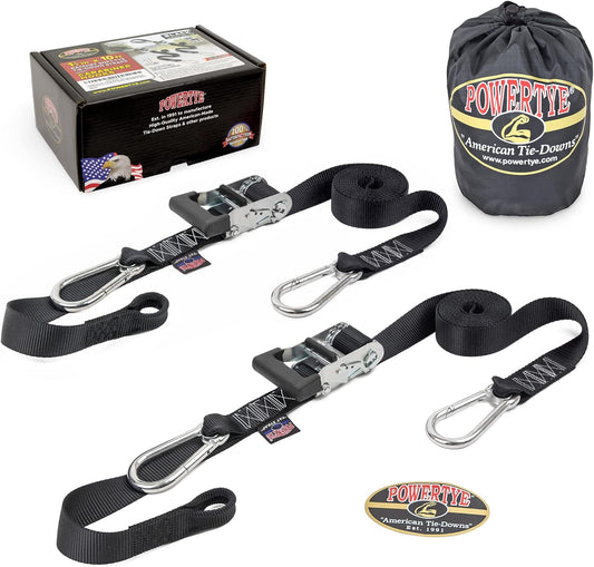 PowerTye - Made in USA - Extra Long Ratchet Tie Down Straps, Heavy Duty with Carabiner Hooks, Soft-Tye & Bag, for Motorcycle, ATV & Cargo, 1,000 lb WLL, 1.5 inch x 10ft Long, Black/Black (Pair)