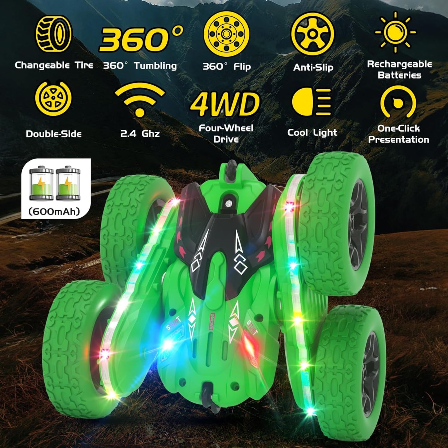 Remote Control Car, RC Cars, RC Stunt Car Toys New Upgraded Strip Light & Headlight, 6000mAH, 4WD 360° Rotating, Double Sided, Toy for Boys Girls Christmas Birthday Gift