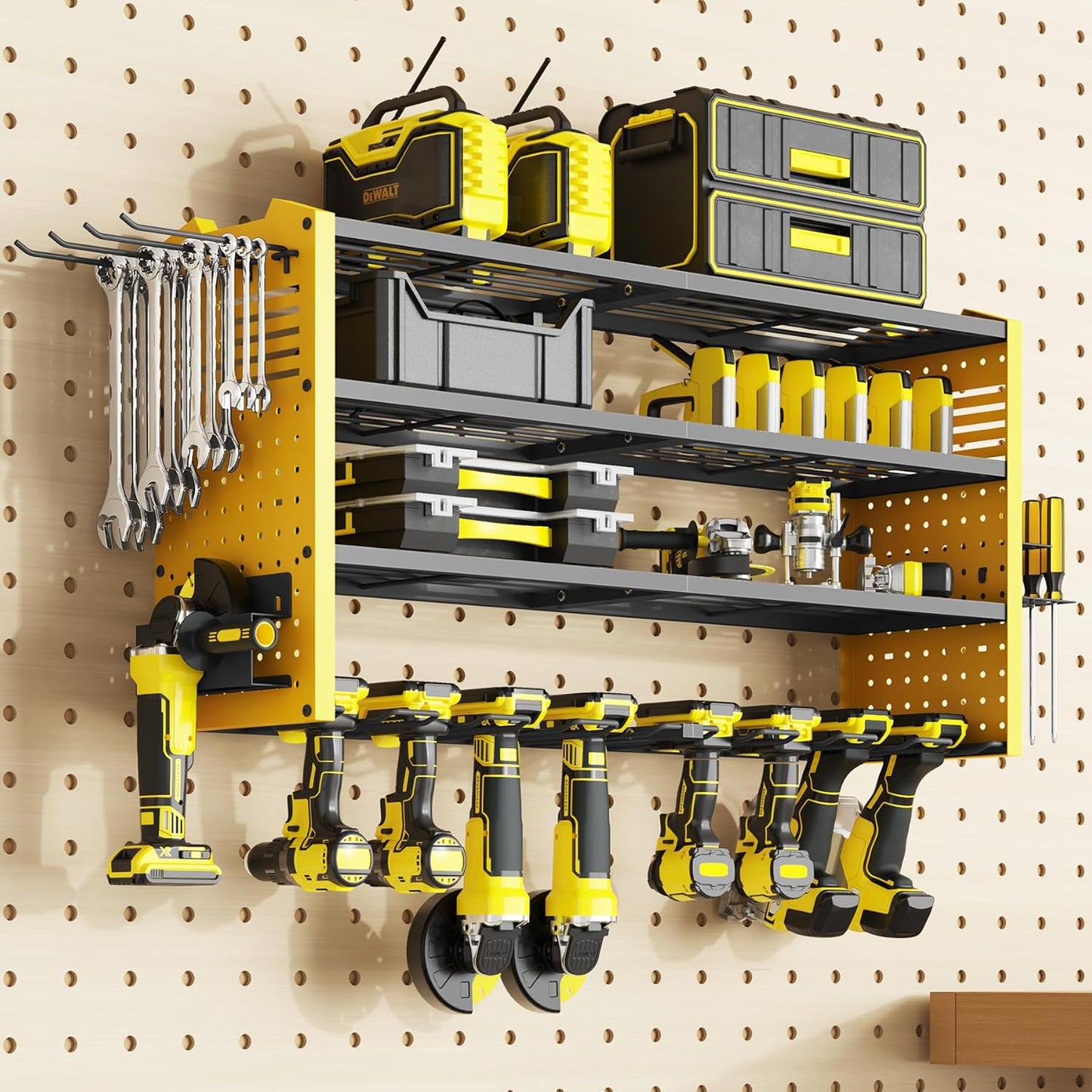 Tomorotec Wall-Mounted Power Tool Storage Rack for Drill, Toolbox & Accessories, Heavy-Duty Steel Organizer with Side Hooks and Adjustable Shelves, Easy Installation Garage & Workshop Storage (Yellow)
