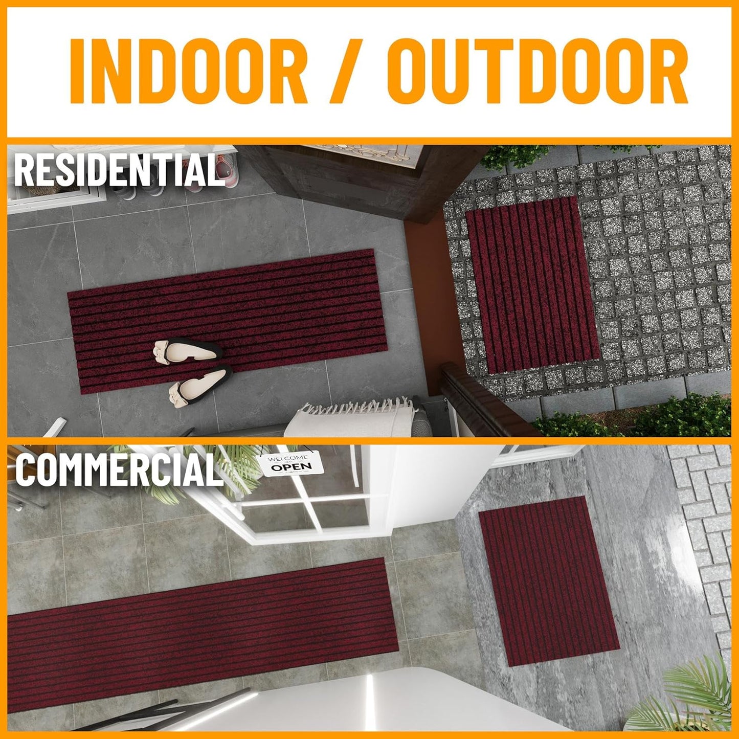 Ottomanson 2'7" x 9' Hallway Runner with Scraper Pile Extra Durable Non-Slip Rug Mat for Indoor & Outdoor Use - Ideal for Kitchen, Entryway, Patio & Garage - High-Traffic Carpet, Red