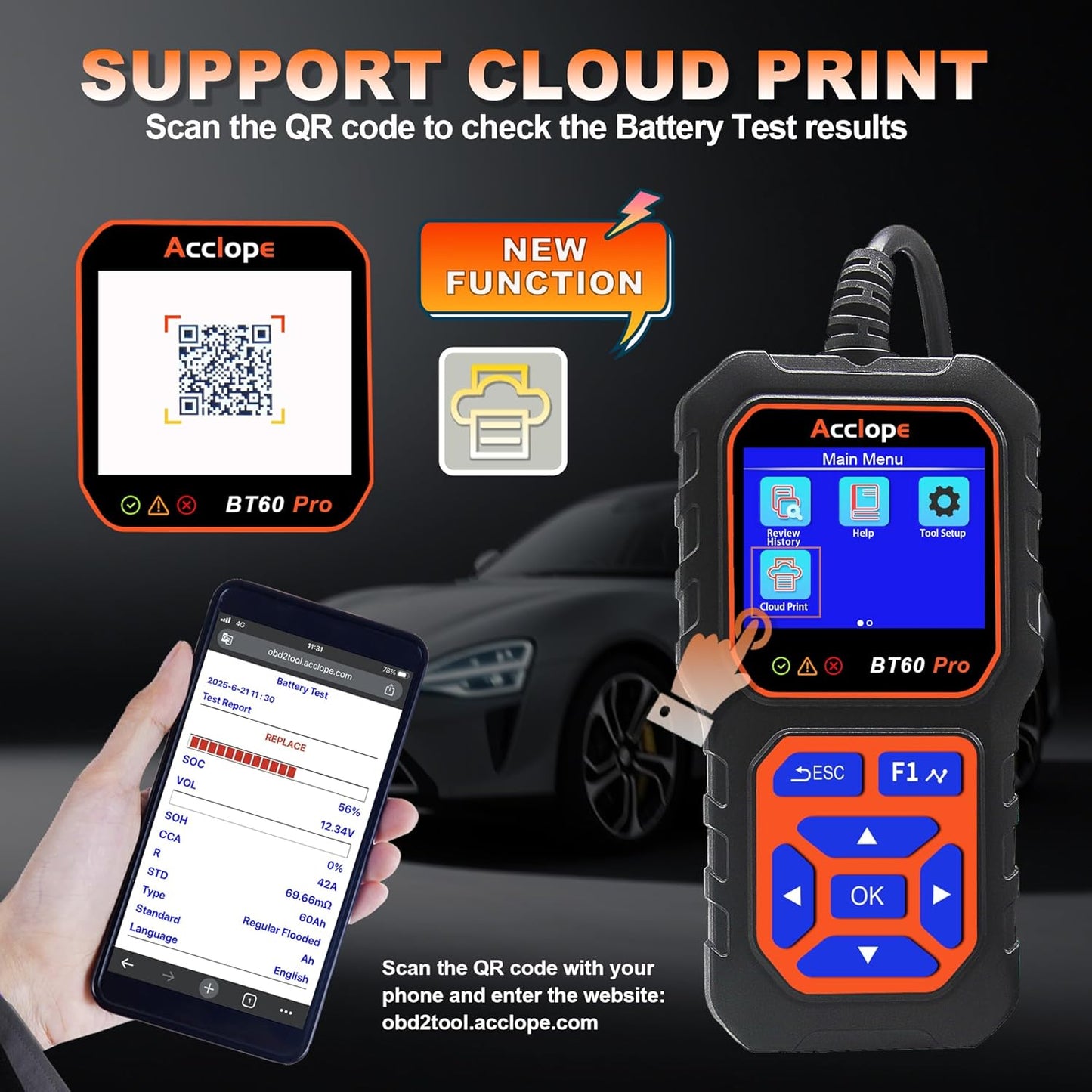 BT60 Pro Acclope Car Battery Tester with Cloud Printing 100-3000 CCA 6V 12V 24V AGM Lithium Gel Battery Checker Automotive Alternator Digital Analyzer Charging Cranking System Vehicles Truck Home-use