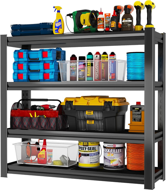 Garage Shelving, Adjustable Storage Shelf, Heavy Duty Storage Shelves, Sturdy Steel Storage Shelf for Garage and Workshop, 4-Tier 44" H x 40" W x 14" D, Black