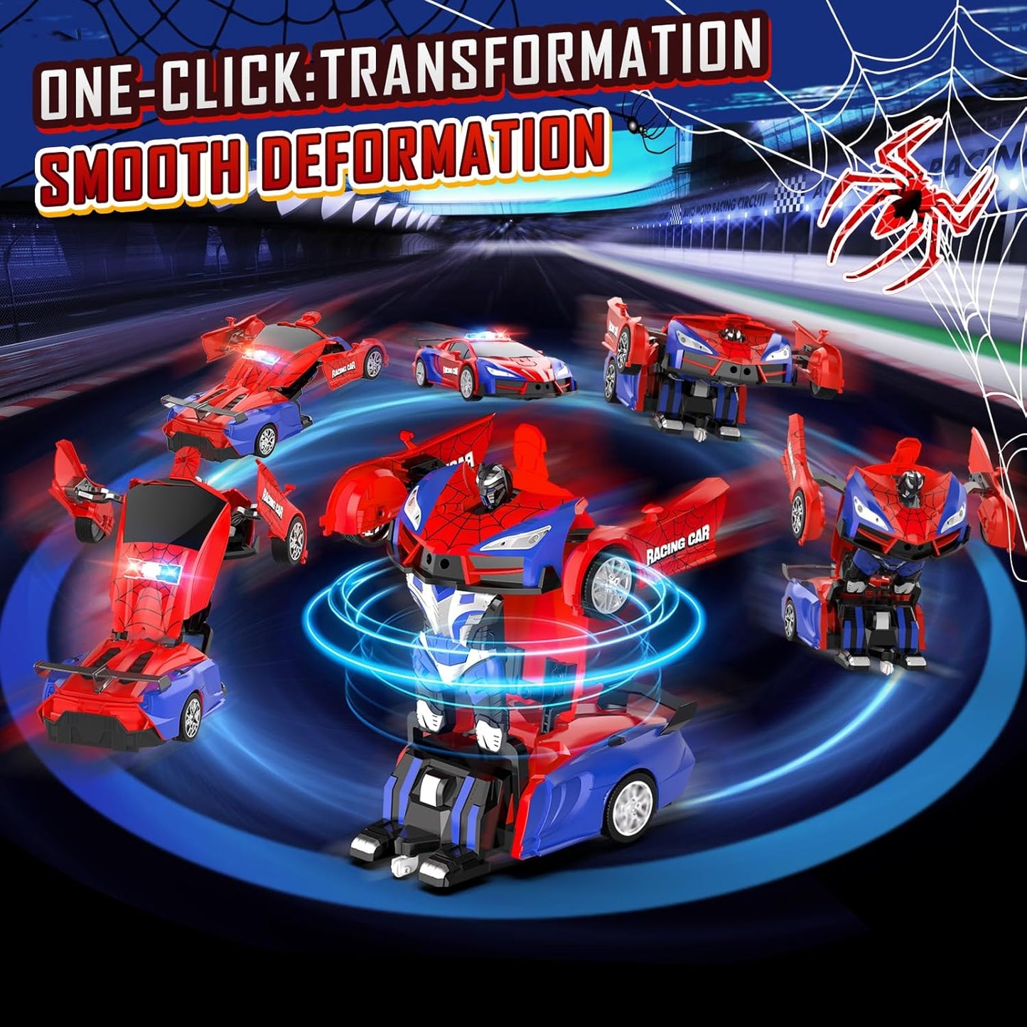 Remote Control Car for Boys 4-7, 2.4GHz RC Car 1:18 Scale, One-Button Transforming Toy with 360° Spins, LED Lights