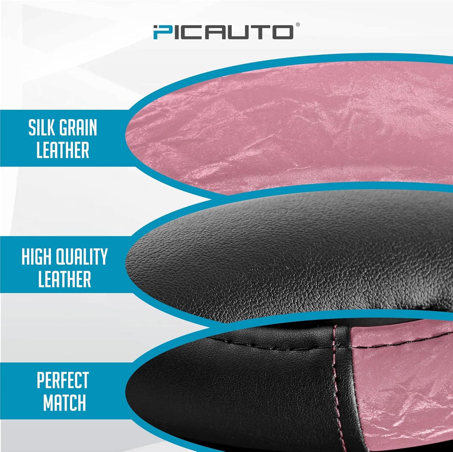 PIC AUTO Steering Wheel Cover, Silk Grain Leather Car Steering Wheel Protector, Comfortable Grip, Universal 14.5-15.5 Inch Anti-Slip Steering Wheels Accessories for Men & Women (Pink)