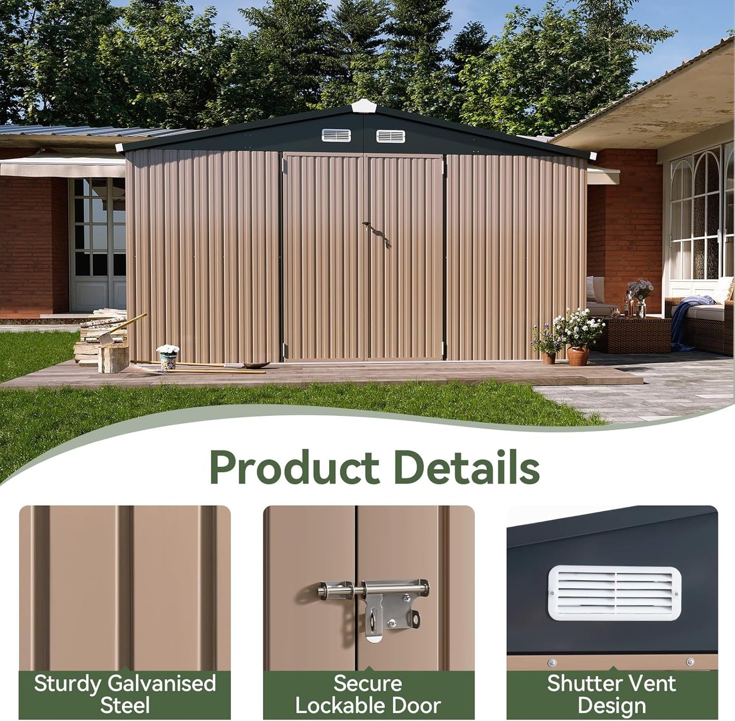 Aoxun 12x10 FT Shed Outdoor Storage Shed with Spacious Doors, Large Shed Steel Utility Tool Shed Storage House with Door & Lock, Metal Sheds with Sloped Roof for Garden Patio Lawn Poolside, Brown