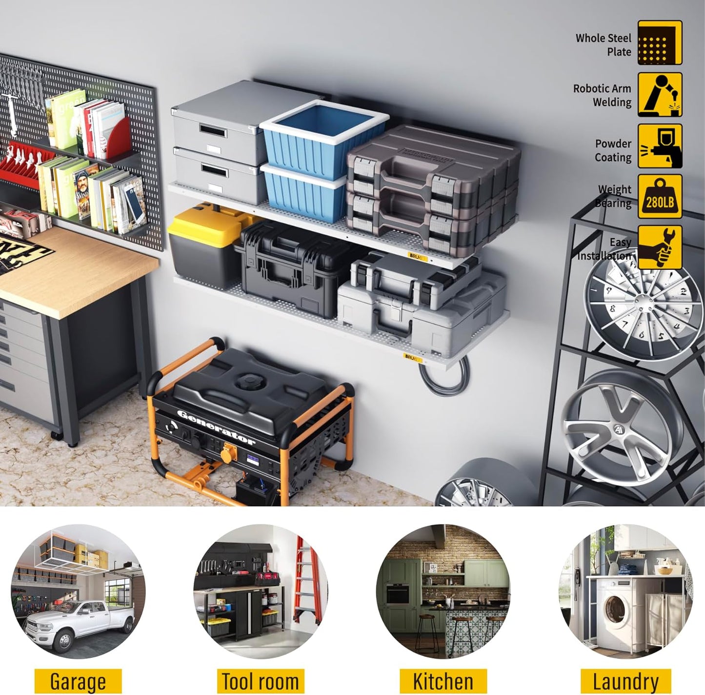 2Pack 1.64x4ft Adjustable Metal Garage Wall Shelving Heavy Duty Garage Storage Shelf Wall Mounted White