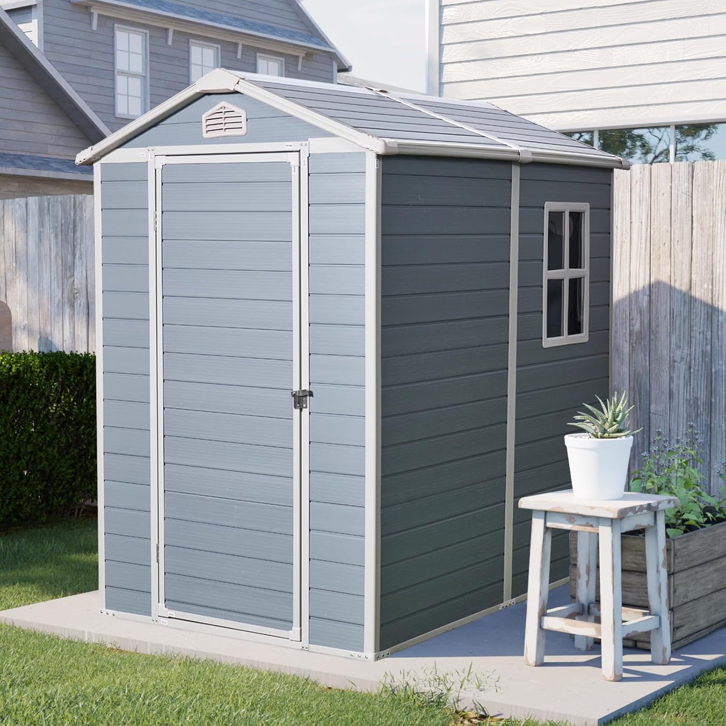 4x6 FT Outdoor Storage Shed, Resin Garden Shed with Thick Floor, Plastic Storage Shed with Window, Waterproof Outside Tool Shed with Lockable Hinged Door for Backyard, Patio, Lawn, Light Gray