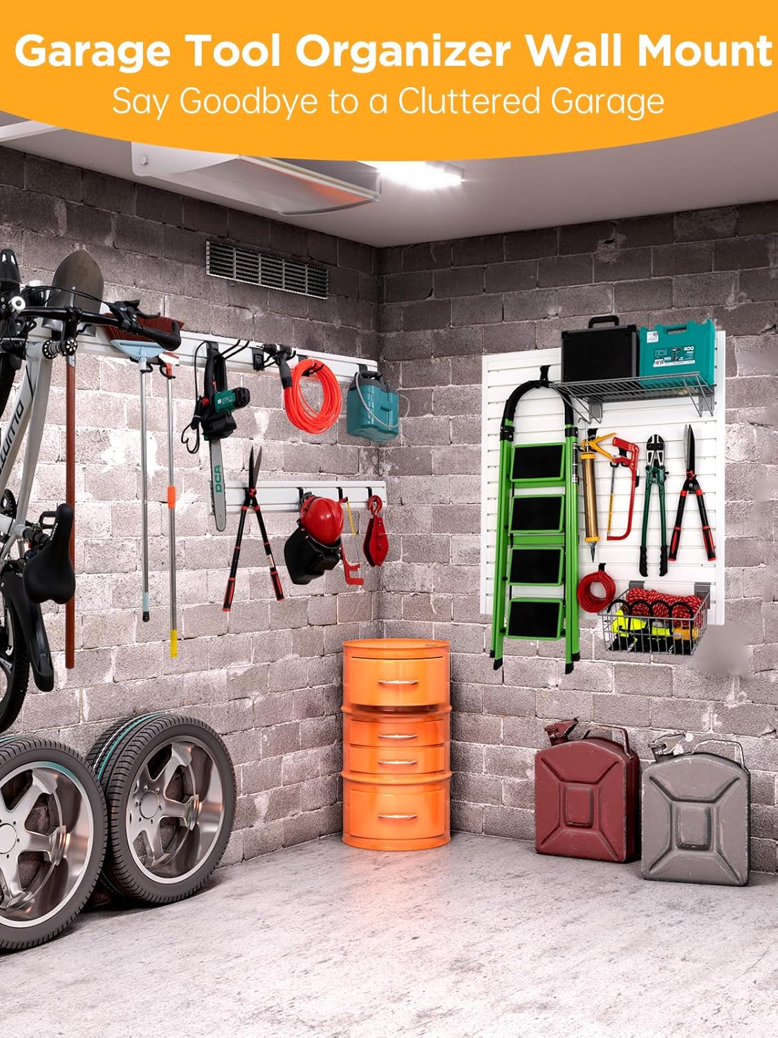 Garage Tool Organizer Wall Mount Slat Wall Paneling Yard Tool Storage for Garage, Bike Storage Rack