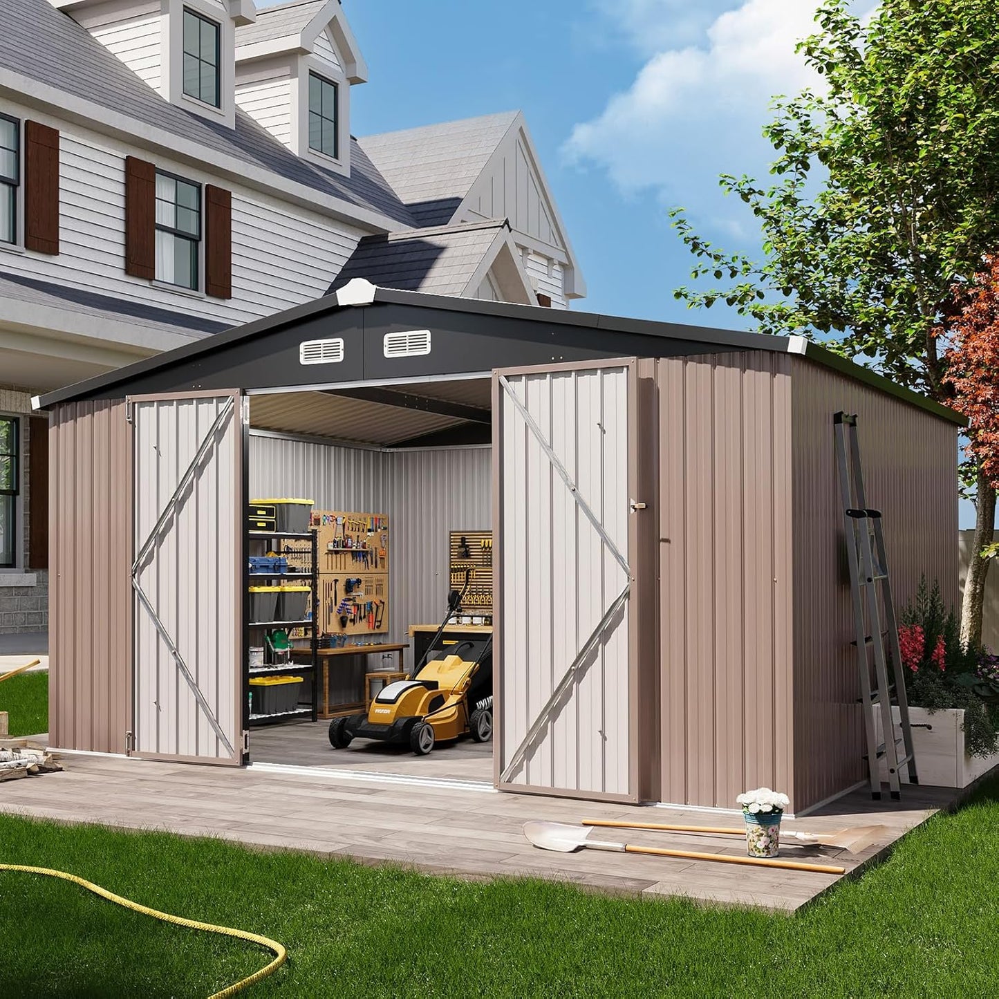 Aoxun 12x10 FT Shed Outdoor Storage Shed with Spacious Doors, Large Shed Steel Utility Tool Shed Storage House with Door & Lock, Metal Sheds with Sloped Roof for Garden Patio Lawn Poolside, Brown