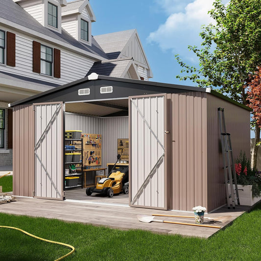 Aoxun 12x10 FT Shed Outdoor Storage Shed with Spacious Doors, Large Shed Steel Utility Tool Shed Storage House with Door & Lock, Metal Sheds with Sloped Roof for Garden Patio Lawn Poolside, Brown