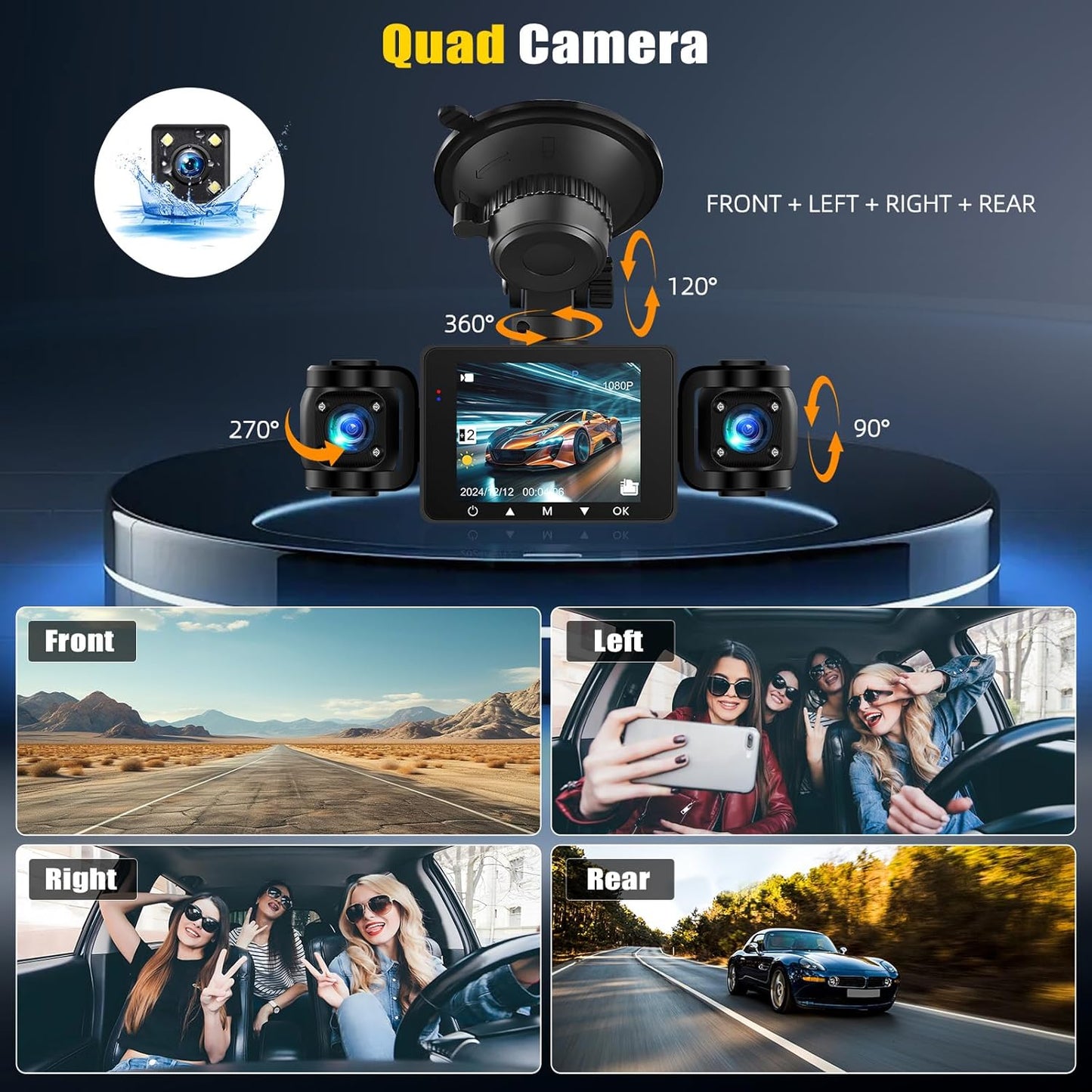 4 Channel Dash Cam Front and Rear Inside Left Right,2.4 Inch 1080P Dash Camera for Cars Car Camera with IR Night Vision,Loop Recording,G-Sensor,Parking Assistance,24H Parking Monitor