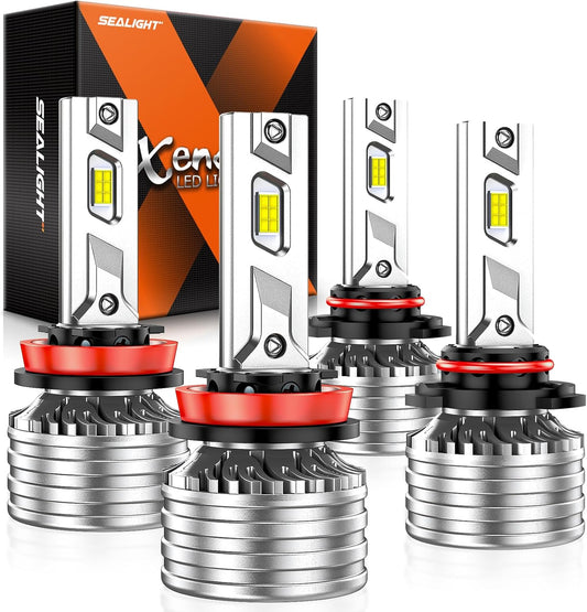 SEALIGHT H11/H9/H8 9005/HB3 Bulbs Combo or Fog, X4I 2024 88,000LM Super Bright, H11 9005 Bulb with Cooling Fan, 6500K Cool White 9005 H11 Lights, Pack of 4