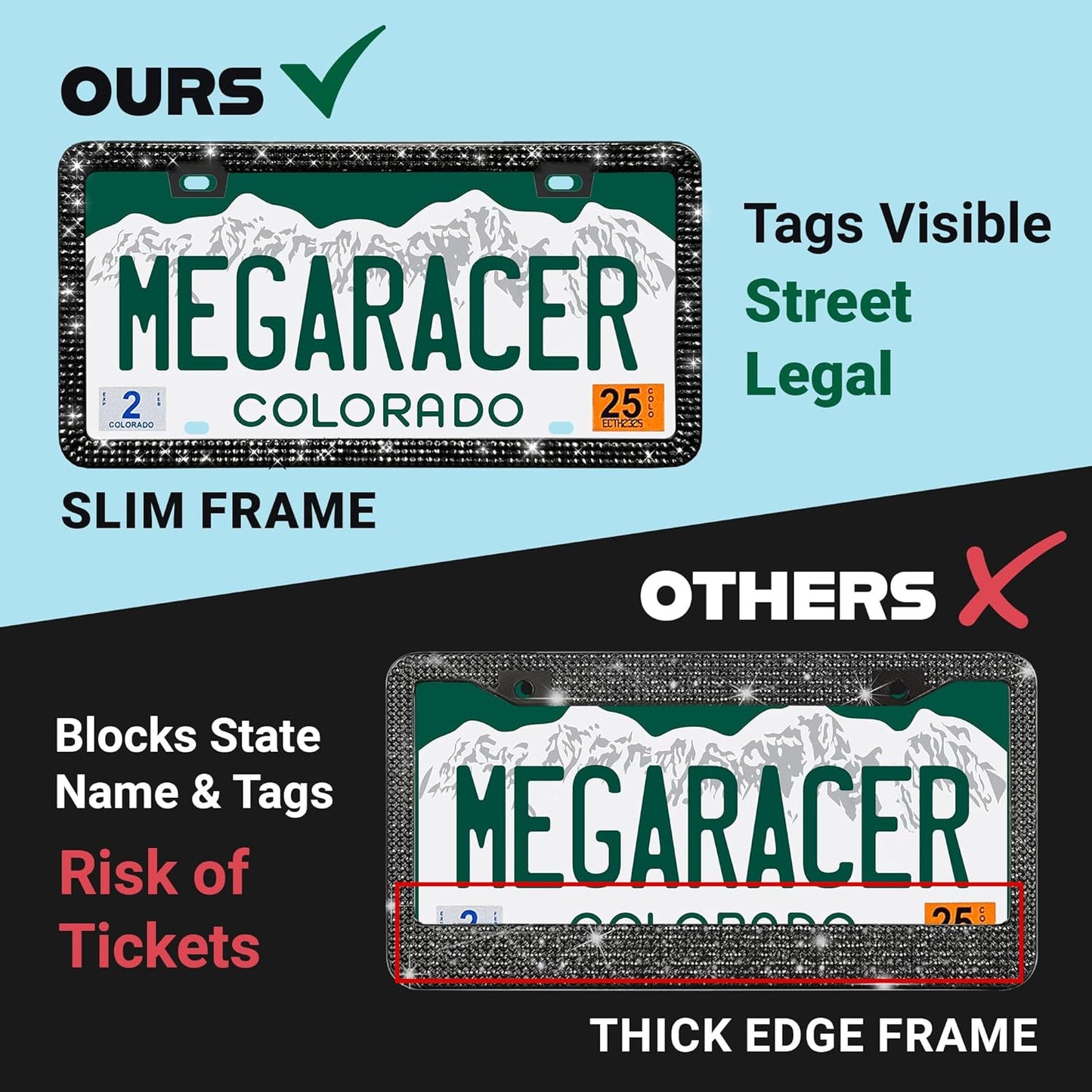 Elegant Bling License Plate Frame for Women - 1 Pack, 800 Premium Black Rhinestones, Rust-Free Stainless Steel, Street Legal Slim Design, Sparkly Diamond Car Tag Holder with Glitter Crystal Covers