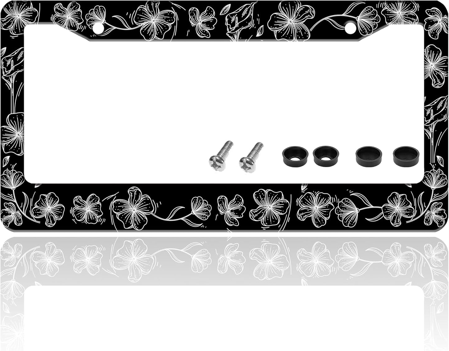 Black and White Line Drawing Flowers License Plate Frame Beautiful Floar License Plate Holder for Front or Rear Car Tags Reusable Stainless Steel Funny Car Decoration with Screws 6.3 X 12.2 in