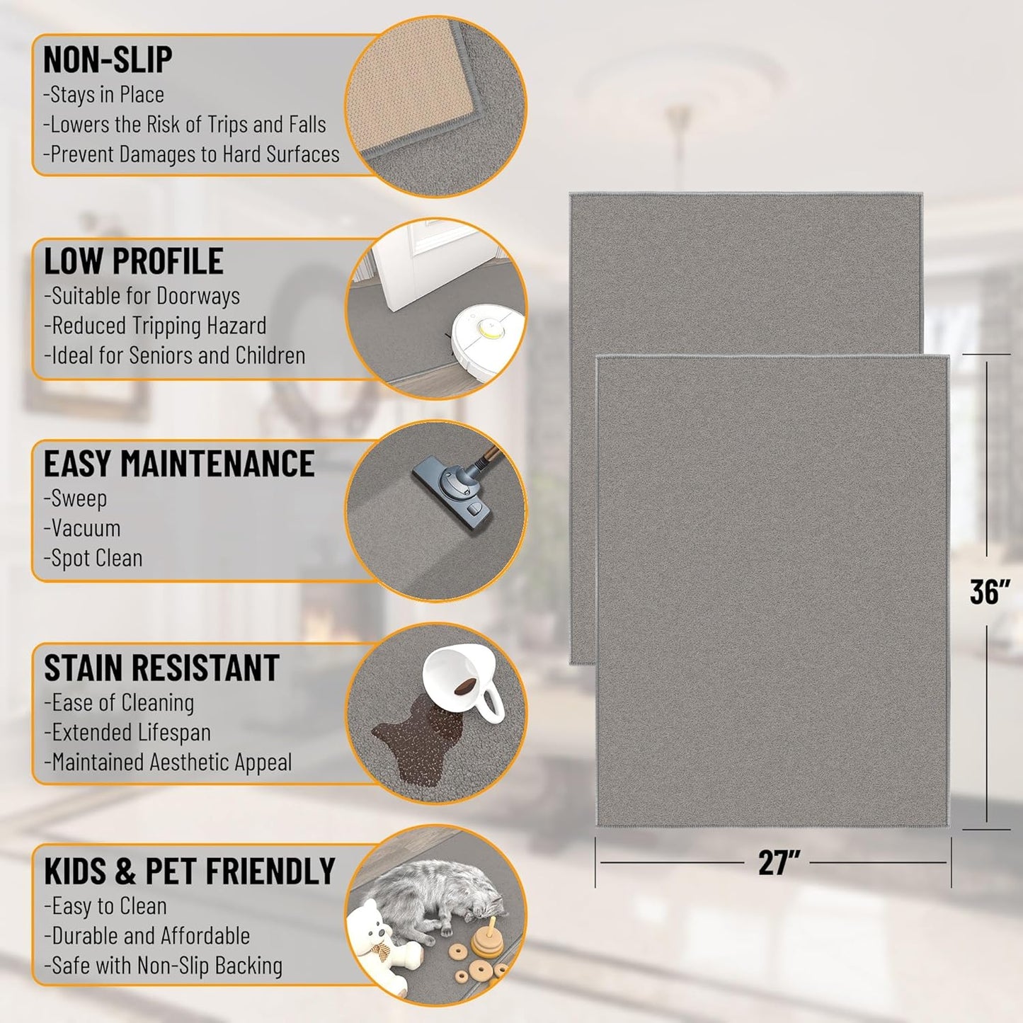 Ottomanson Rugs for Entryway 2'3" x 3' - 2 Pack Non Slip Solid Small Area Rugs Durable Front Door Mat Rug Stain Resistant Entrance Rugs for Bathroom Kitchen Bedroom & Living Room, Gray