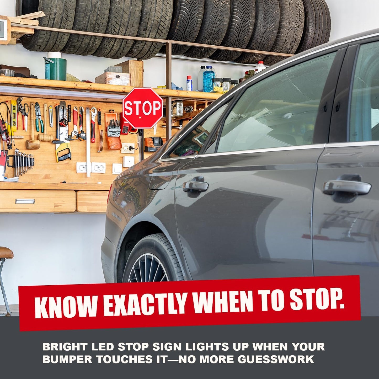 Securityman Garage Parking Aid with LED Stop Sign [Upgraded Base] – Large 7" Sign, Bright Red LEDs, Adjustable Height – Garage Car Stopper & Parking Assist Indicator