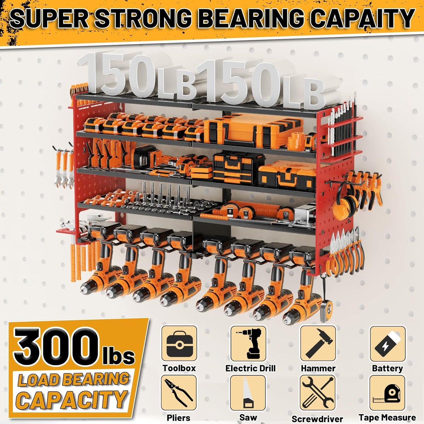 5 Layers Power Tool Organizer Wall Mount, Cordless Tool Storage Rack Holder with 8 Drill Holders, Heavy Duty Garage Wall Tool Shelf for Workshop Tool Room Men Husband Father Gift (Black-Red)