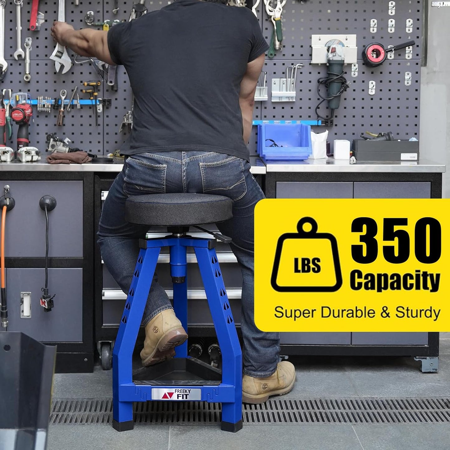 Adjustable Tall Shop Stool, Mechanics Garage Stool Chair, Work Metal Chair for Workshop, Adjustable Height, 360° Swivel Padded Seat, Tool Tray Storage, 350 LBS Capacity, Heavy Duty, Blue