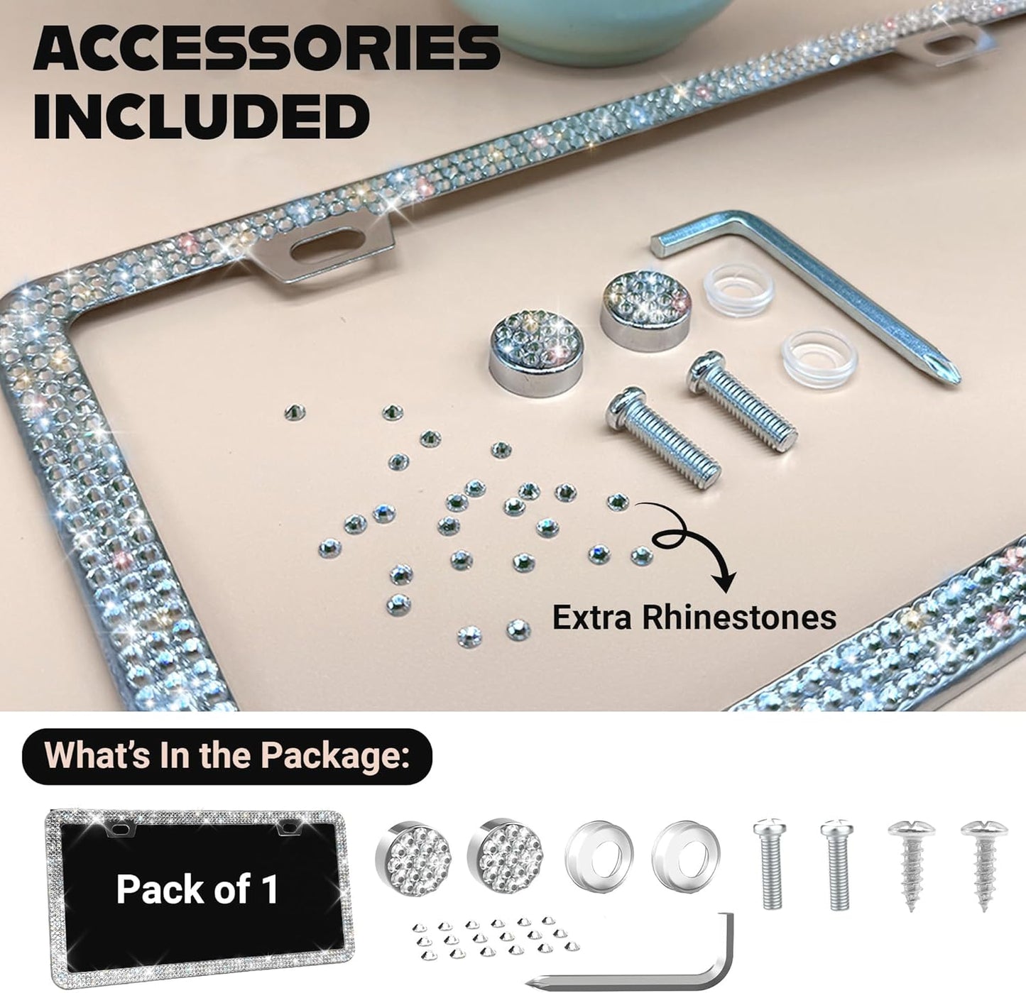 Sparkly Bling License Plate Frame for Women - 1 Pack, 800 Premium Rhinestones, Rust-Free Stainless Steel, Street Legal & Slim Design, Girly Bedazzled Diamond Car Tag Holder with Glitter Crystal Covers