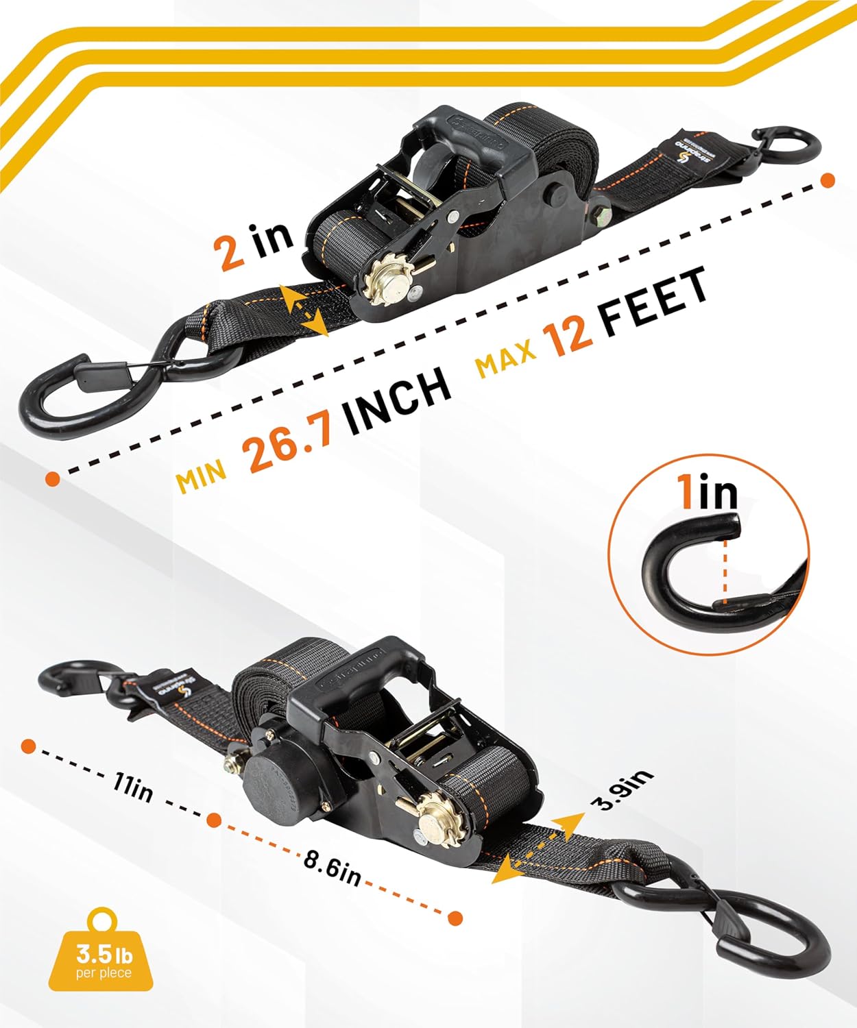 Strapinno Retractable Ratchet Tie-Down Straps,5,000 lbs Breaking Strength- 2 in x 12 ft Heavy Duty Ratchet Strap with Safety Lock S Hooks for Motorcycles, ATVs, UTVs, Lawn Equipment & Cargo (Black)