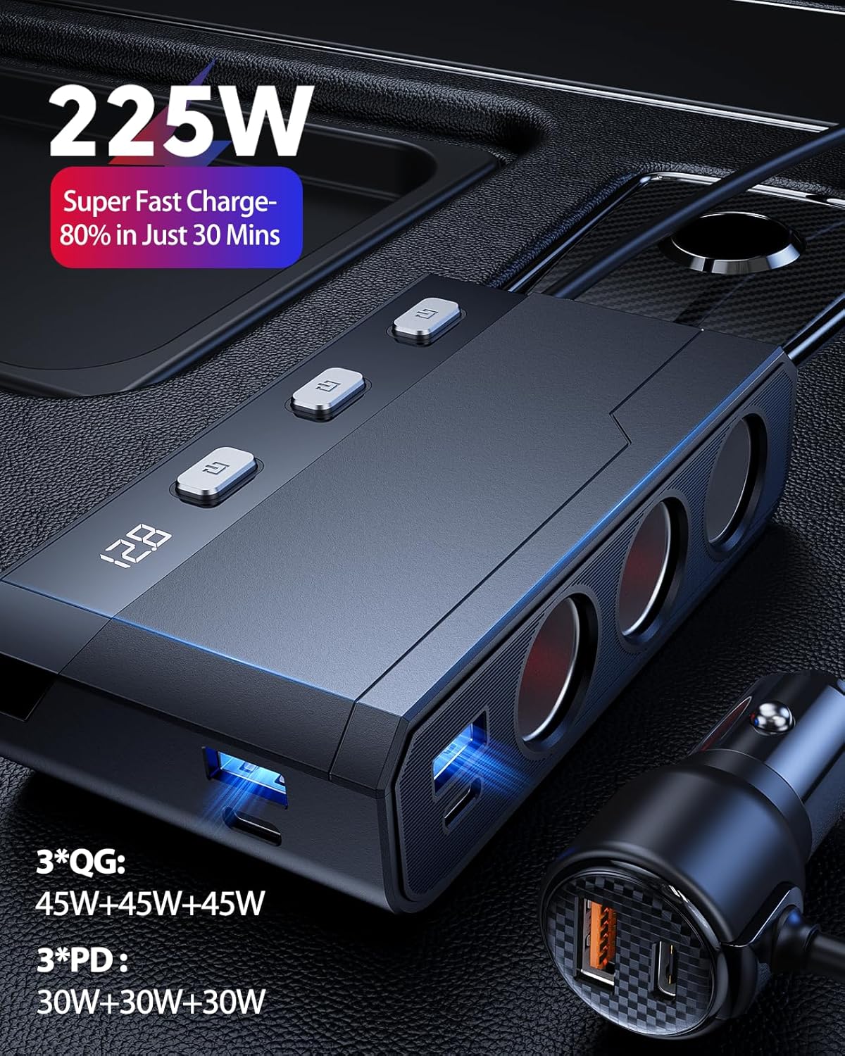 YANTU Cigarette Lighter Adapter 345W, Car Cigarette Lighter Splitter with QC3.0+PD 225W Fast Charging, 3-Socket 12V USB Outlet, Multi Port Car Charger Adapter for Car Devices