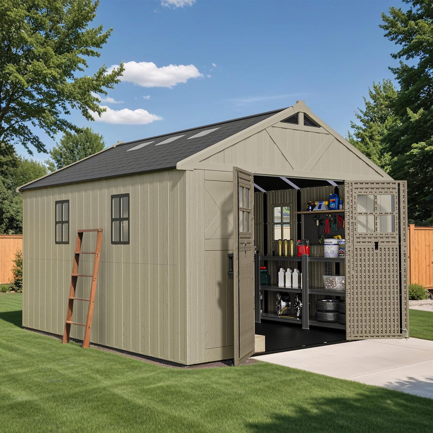 Devoko 10 x 12 FT Plastic Outdoor Storage Shed with Windows, Resin Tools Shed with Floor Large Storage Garden Shed for Patio,Garden, Backyard, Lawn, Beige