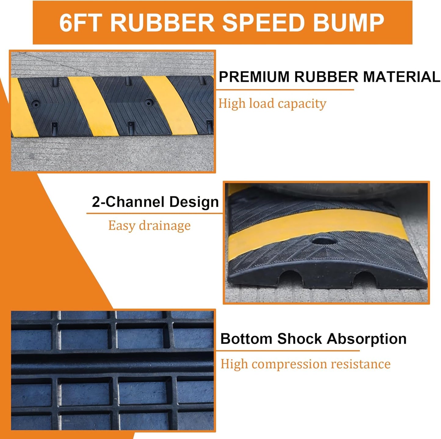 Orangestar 2-Pack 6Ft Rubber Speed Bump, 2 Channel Heavy Duty Speed Hump Cable Protector Ramp w/8 Bolts for Asphalt Concrete Driveway Gravel 72x11.8x1.8 inch(L x W x H)