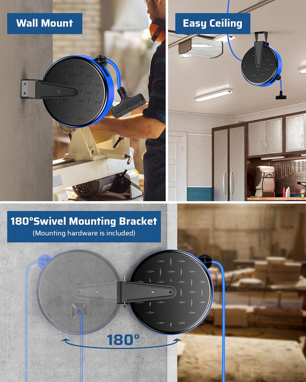 DEWENWILS 30FT Extension Cord Reel, 16/3 Gauge SJTW Power Cord, Retractable Cord Reel with 3 Outlets, Ceiling/Wall Mount for Garage, Workshop, 10A Circuit Breaker, Metal Plate, UL Listed, Blue