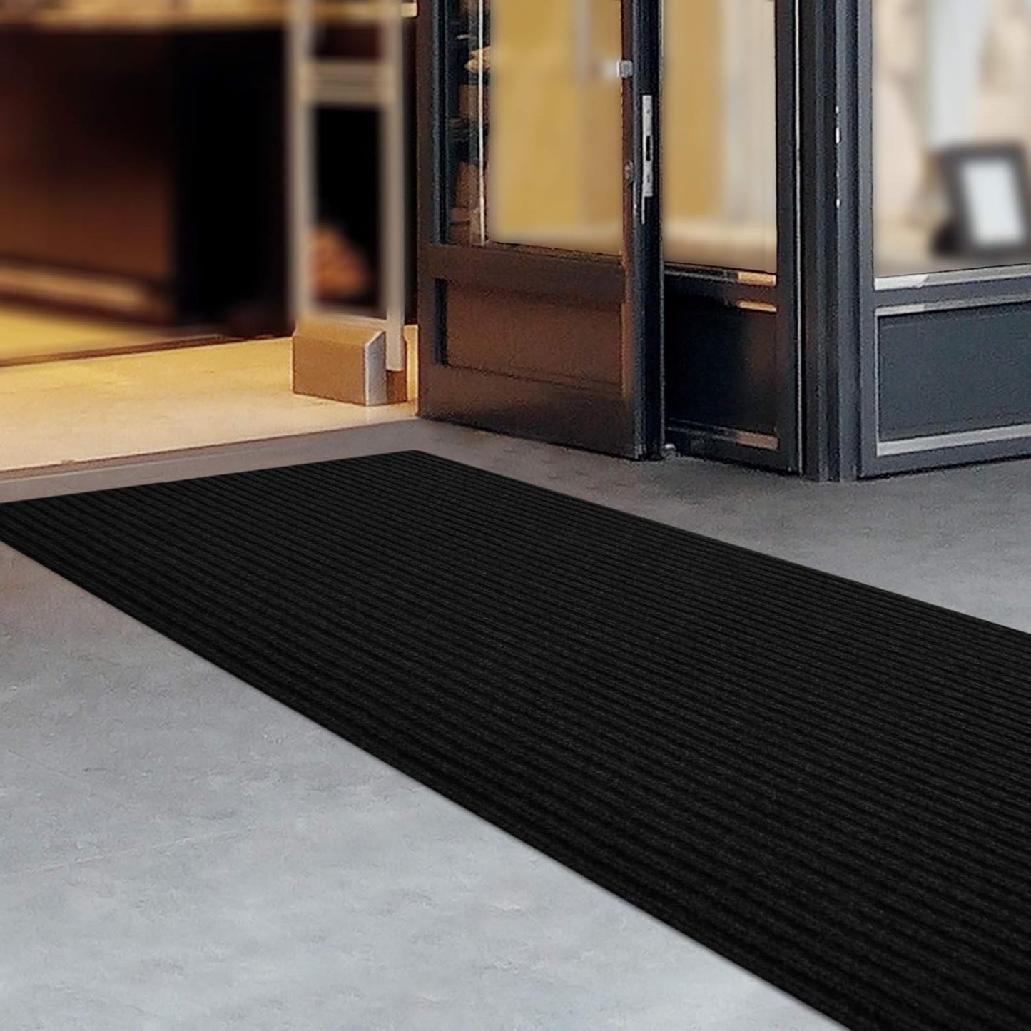 iCustomRug Spartan Weather Warrior Indoor/Outdoor Utility Ribbed Carpet Runner with Non-Slip Thermoplastic Rubber Backing, 3ft X 28ft in Black