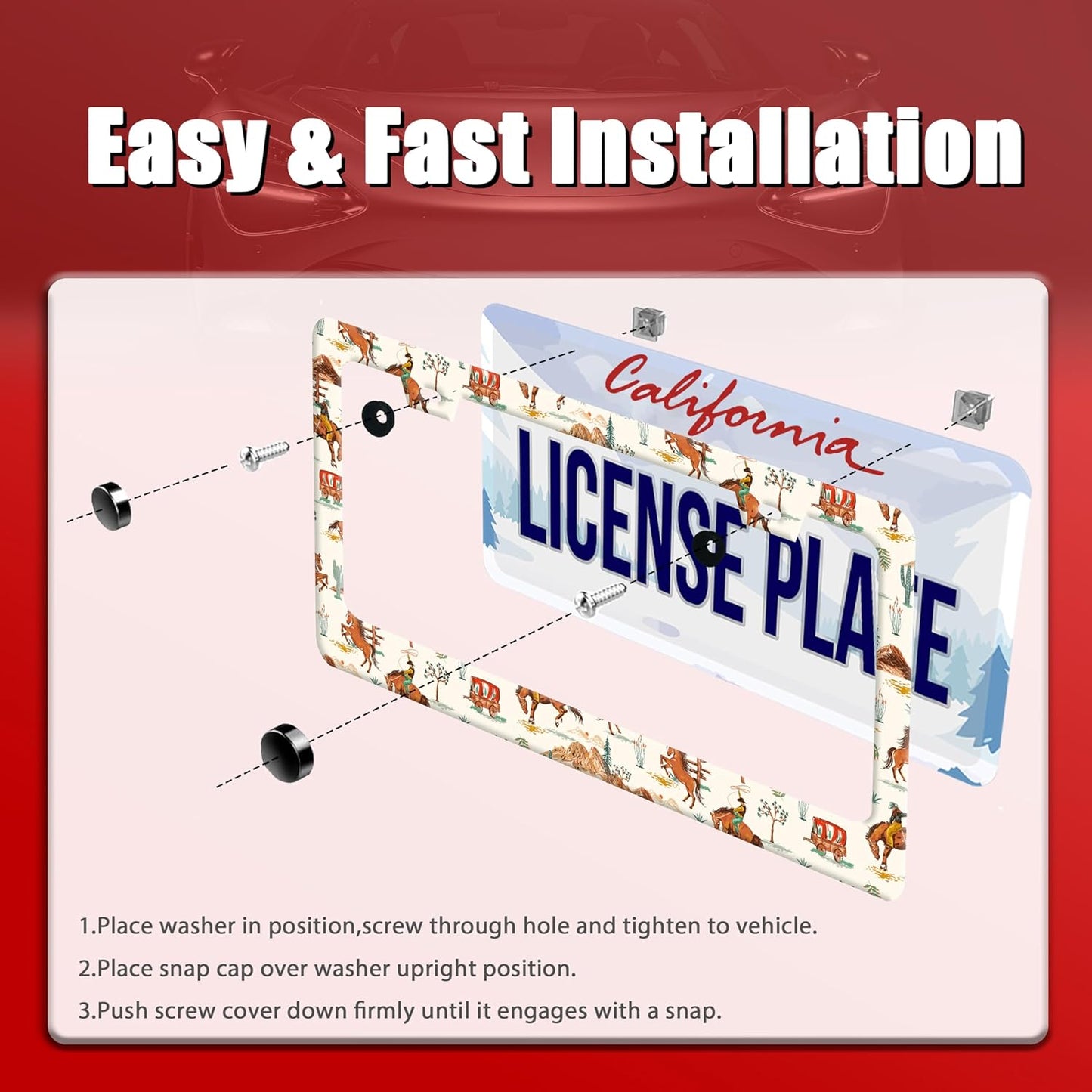 Western Cowboy License Plate Frame Horse Racing License Plate Holder Funny Personalise Car Stainless Stee Decorative Parts for Standard Us Canada Vehicles 12x6 Inch for Women Men