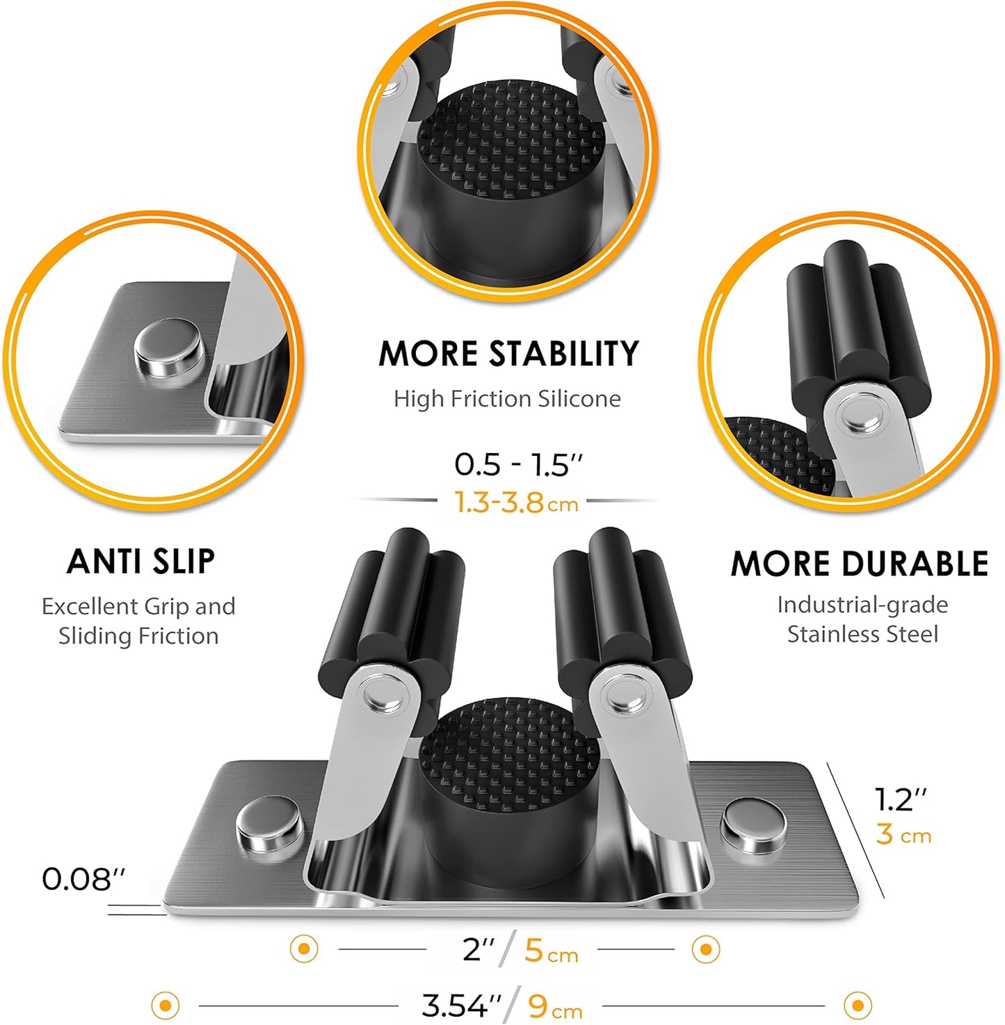 Self Adhesive Broom and Mop Holder Wall Mounted – SUS304 Stainless Steel 2-Slot Organizer with Anti-Slip Rubber Grips, 25lb Load, Adjustable for 0.6–1.4" Handles, Garage Kitchen Bathroom Use, 2 Pcs